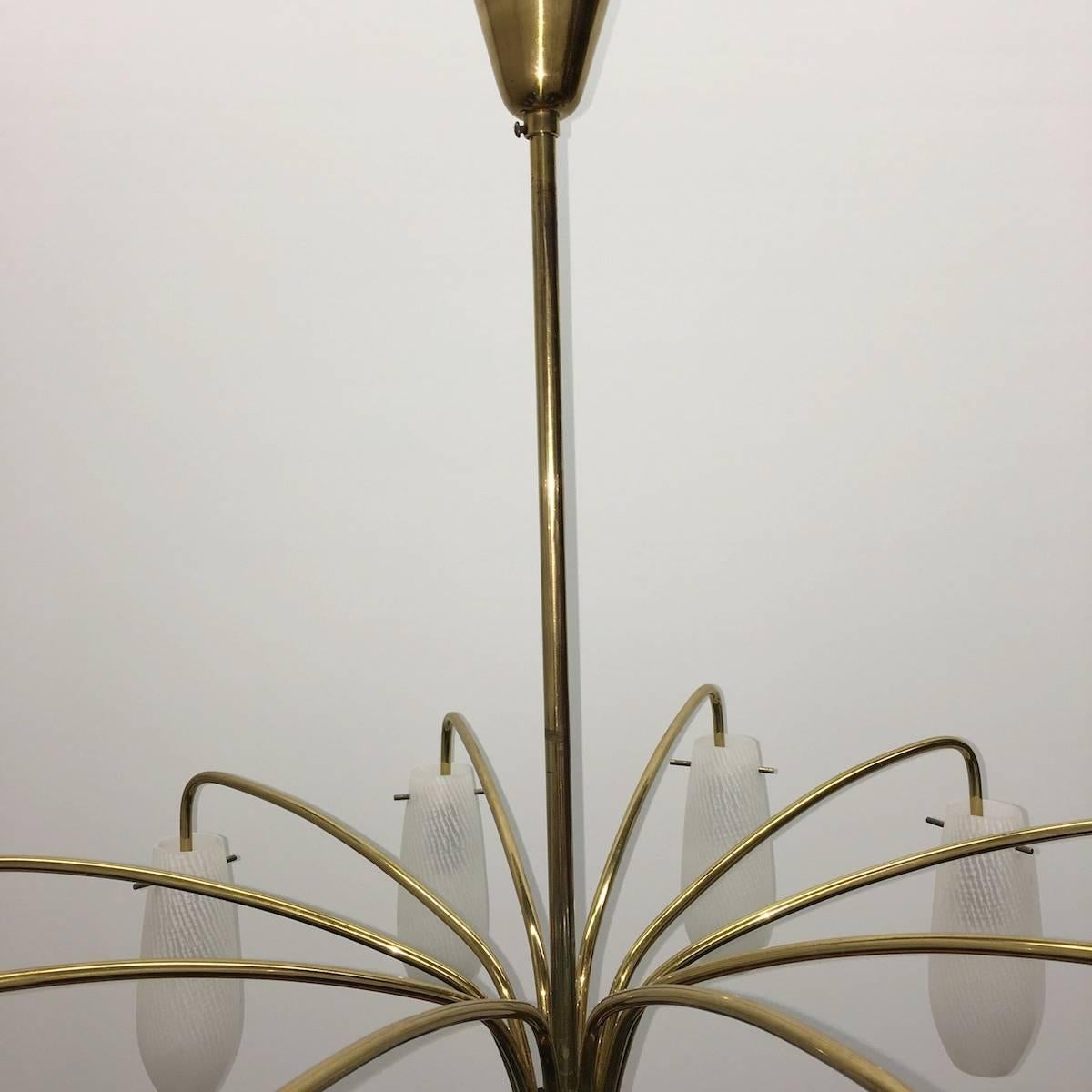 Metal Mid-Century Stilnovo Style Brass and Glass Tube Chandelier For Sale