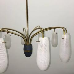 Mid-Century Stilnovo Style Brass and Glass Tube Chandelier