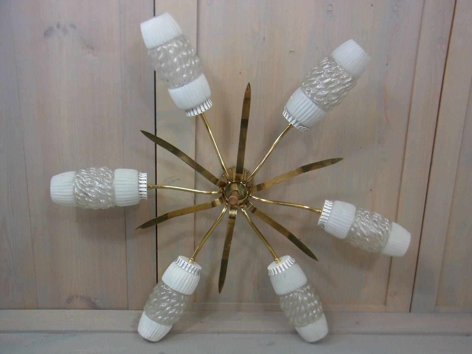 A brass six-arm sputnik flush mount ending with glass shades. Each arm requires one European E14 candelabra bulb, each bulb up to 40 watts.