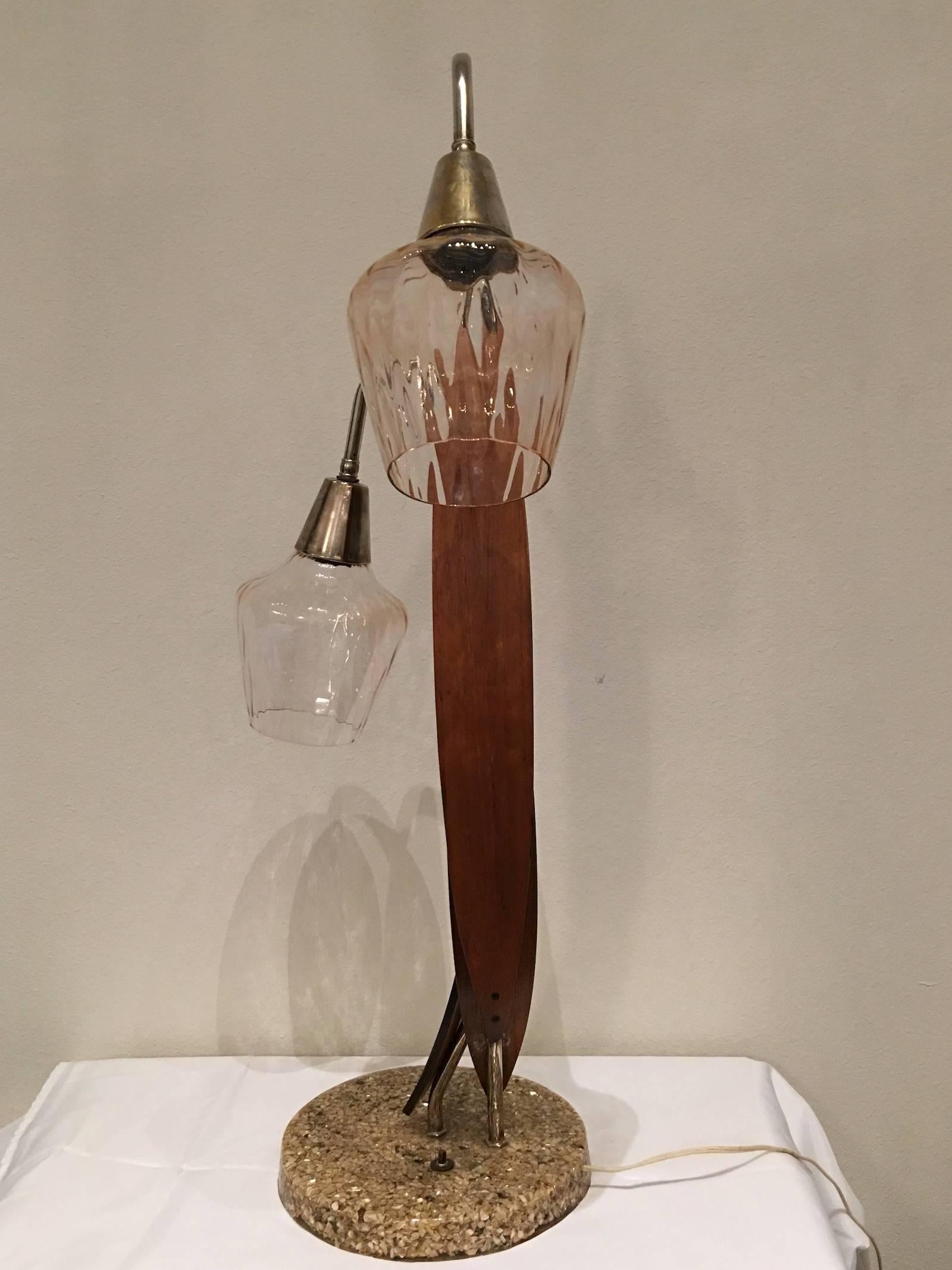 Metal Huge Teak and Glas Flower Table Lamp For Sale