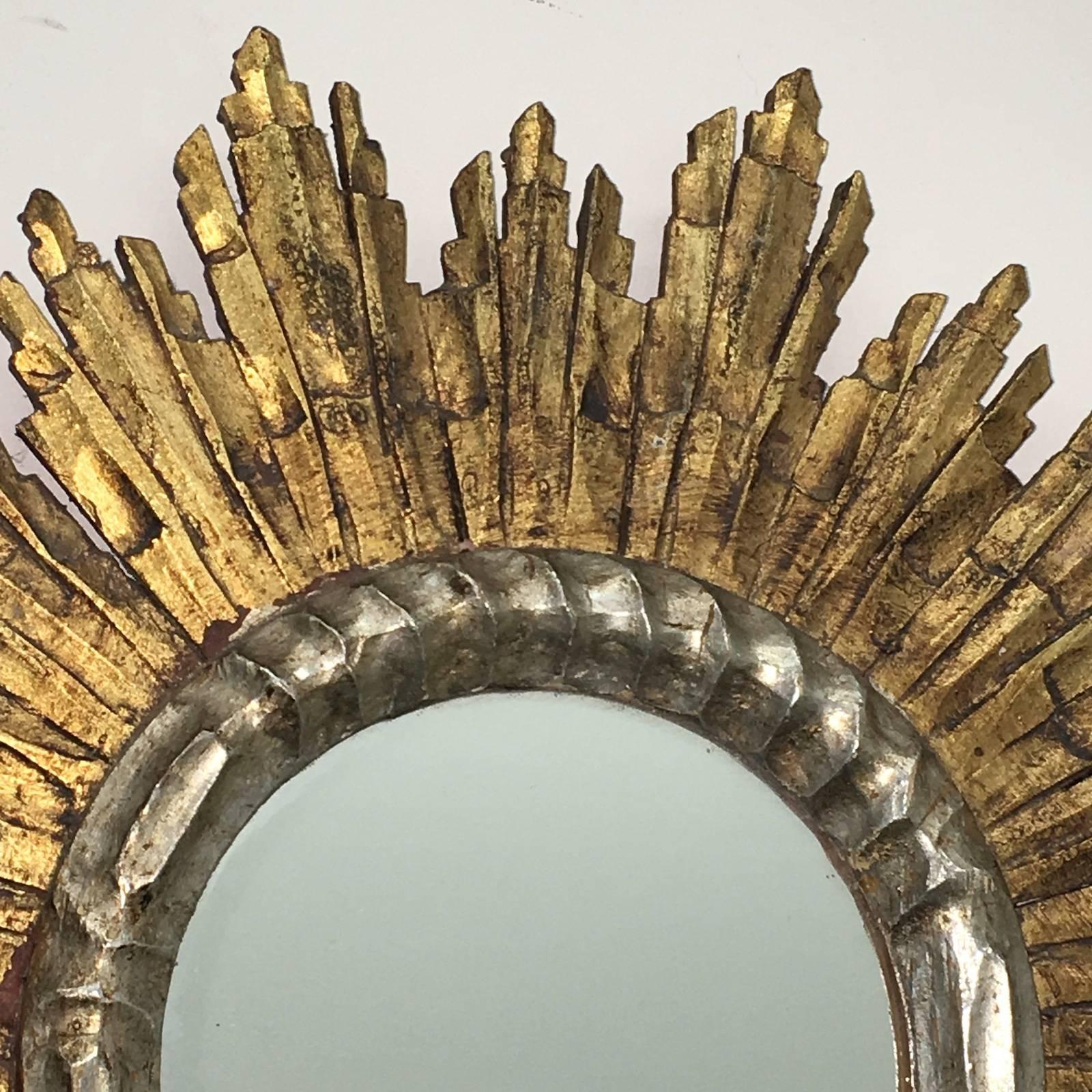 French Beautiful Sunburst Gilded Wood Mirror Vintage, France