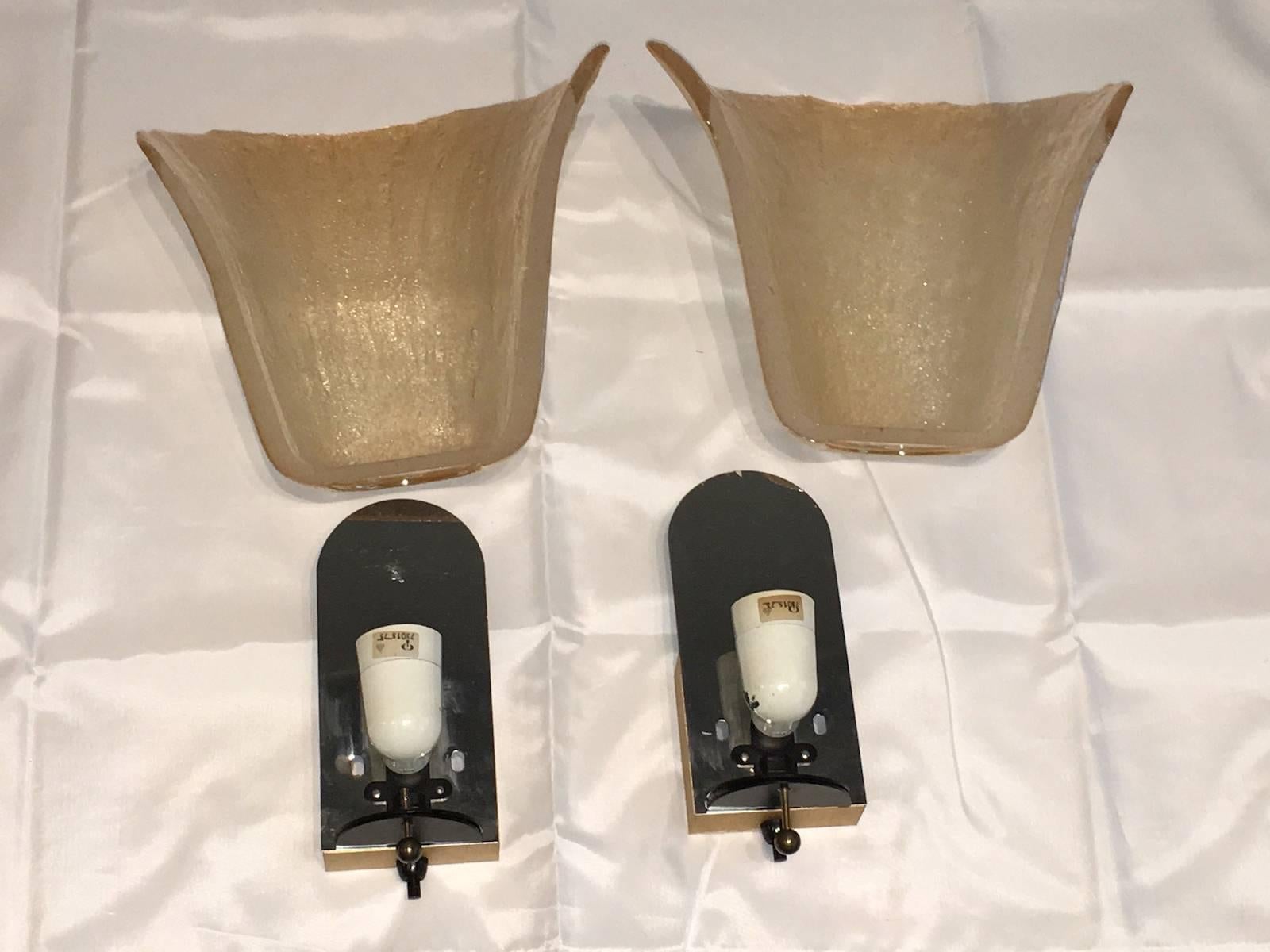 Late 20th Century Pair of Peill & Putzler Amber Calyx Sconces Koch and Lowy style ! For Sale