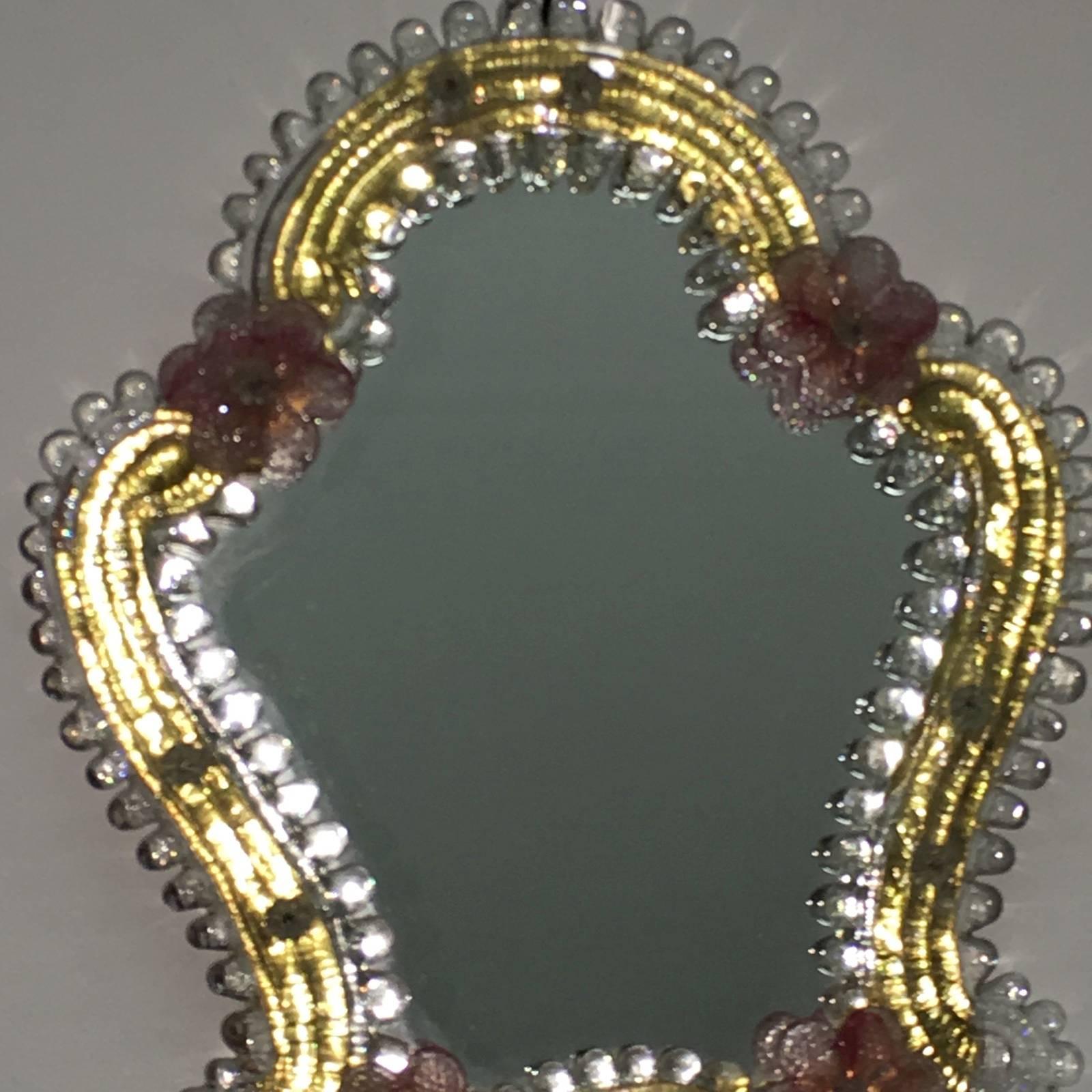 Mid-20th Century Pair of Petite Murano Glass Wall Mirrors Pink and Clear Glass