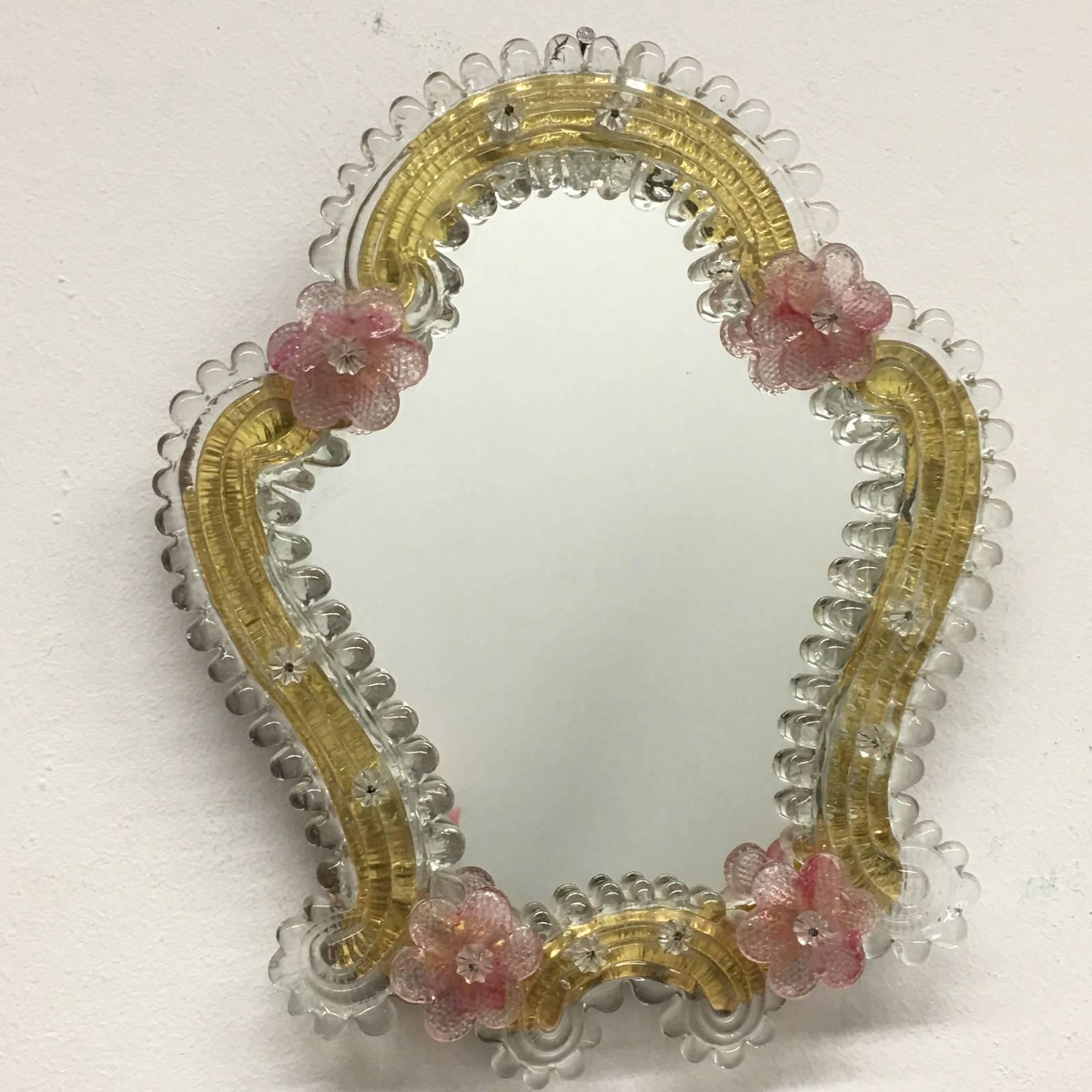 Italian Pair of Petite Murano Glass Wall Mirrors Pink and Clear Glass