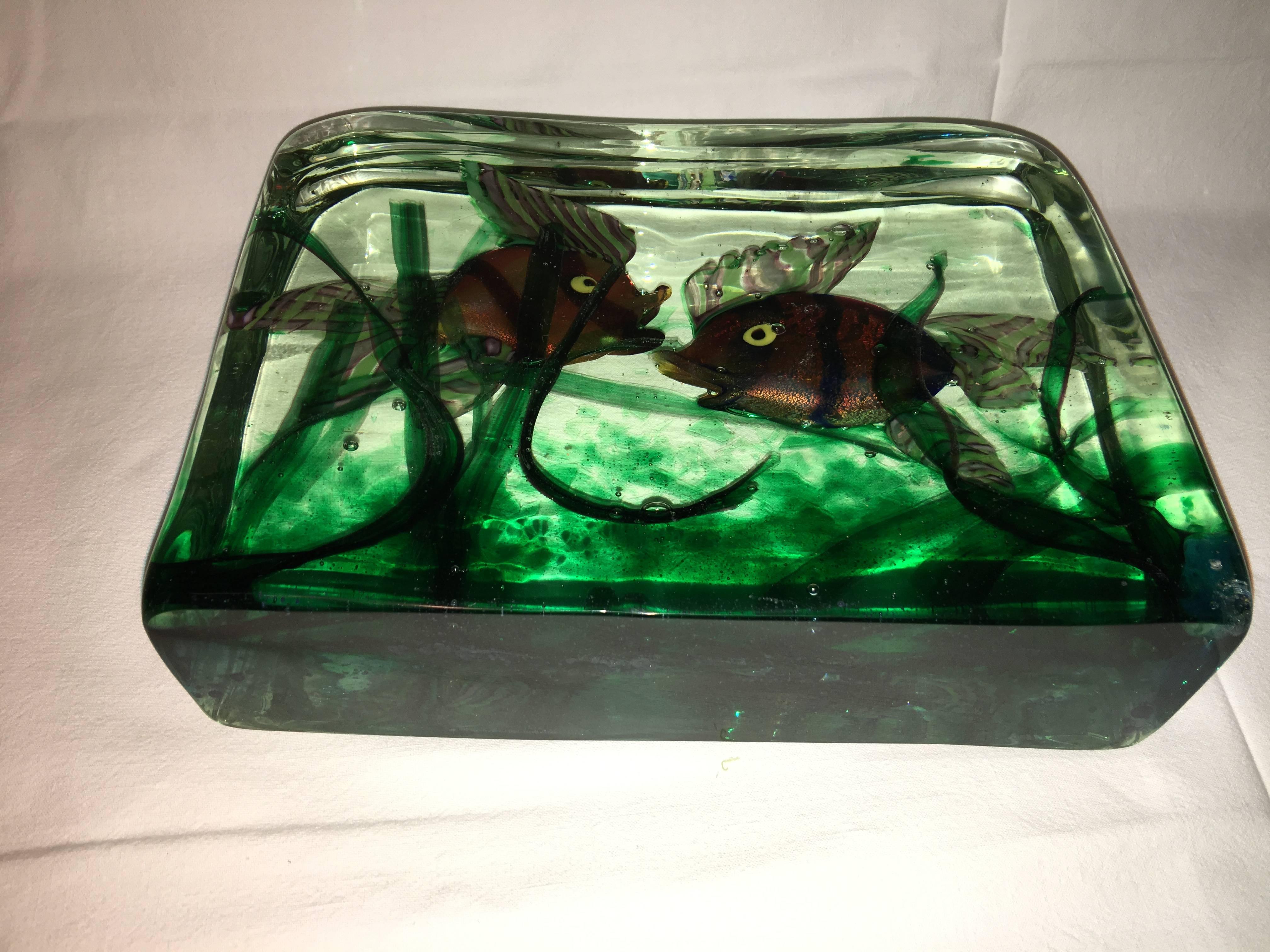 Italian Large Murano Glass Aquarium Two Fish in Gino Cenedese Style For Sale