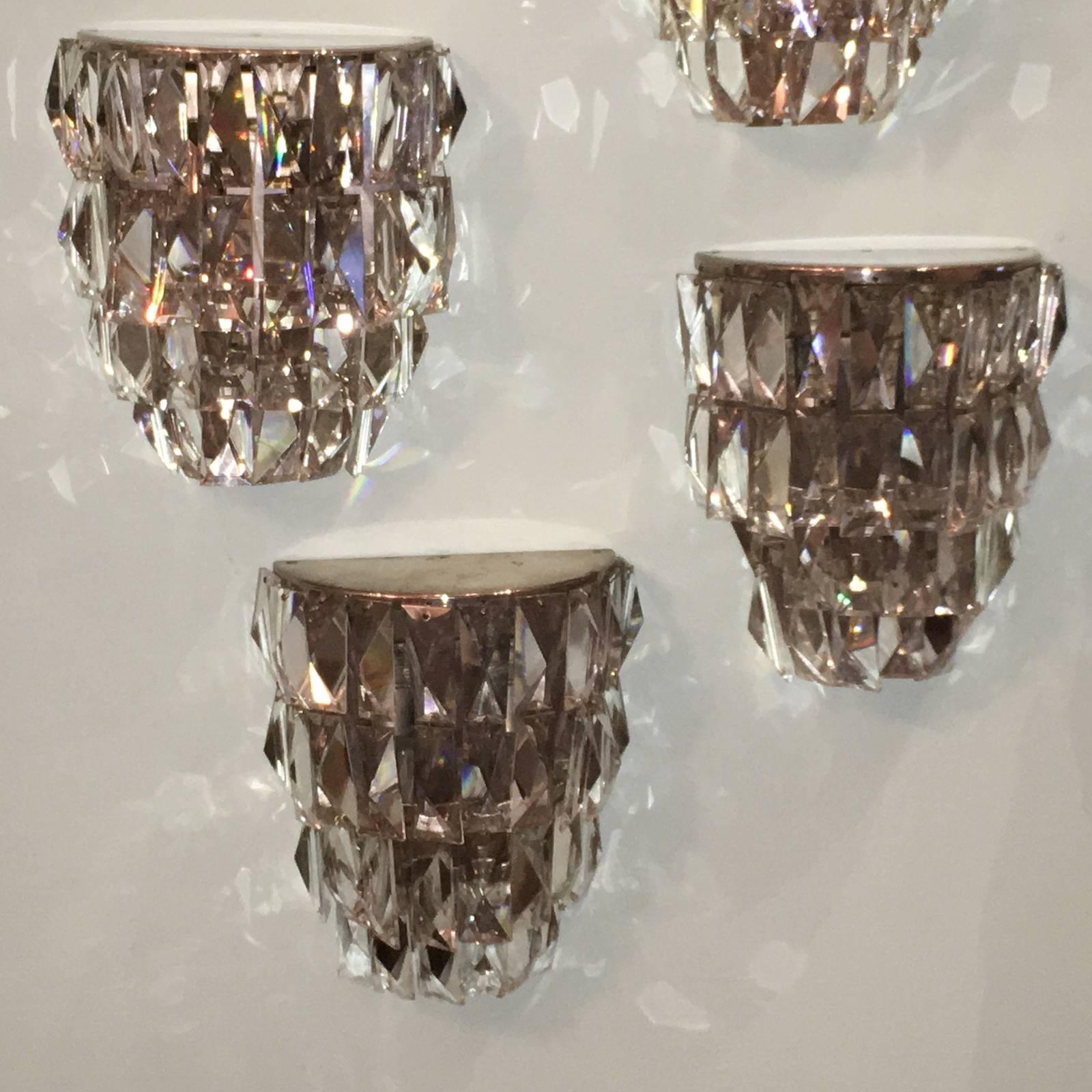 Metal Lot of 4 Vintage Crystal Sconces with Faceted Elements For Sale