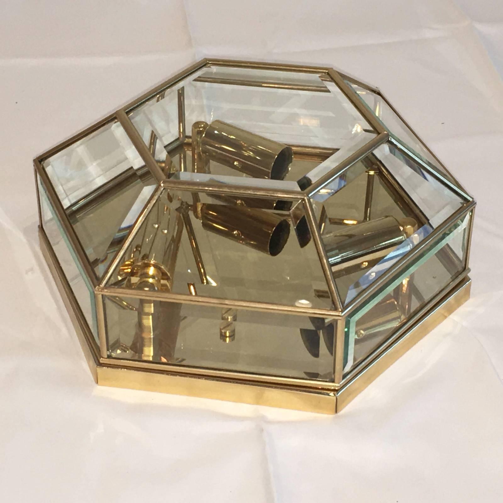 German Mid-Century Modernist Hexagonal Flush Mount Brass and Glass -1970's For Sale