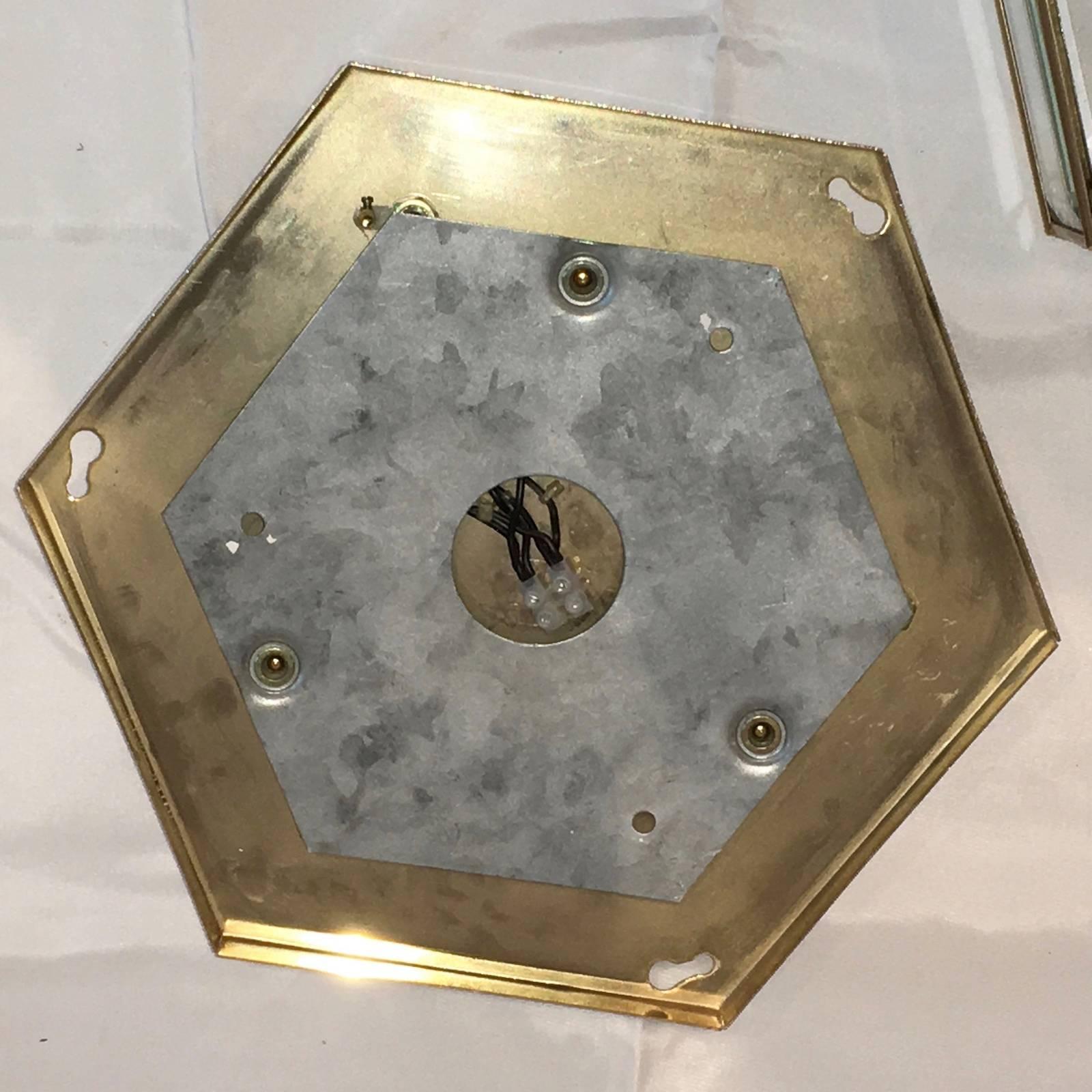 Mid-Century Modernist Hexagonal Flush Mount Brass and Glass -1970's In Good Condition For Sale In Frisco, TX