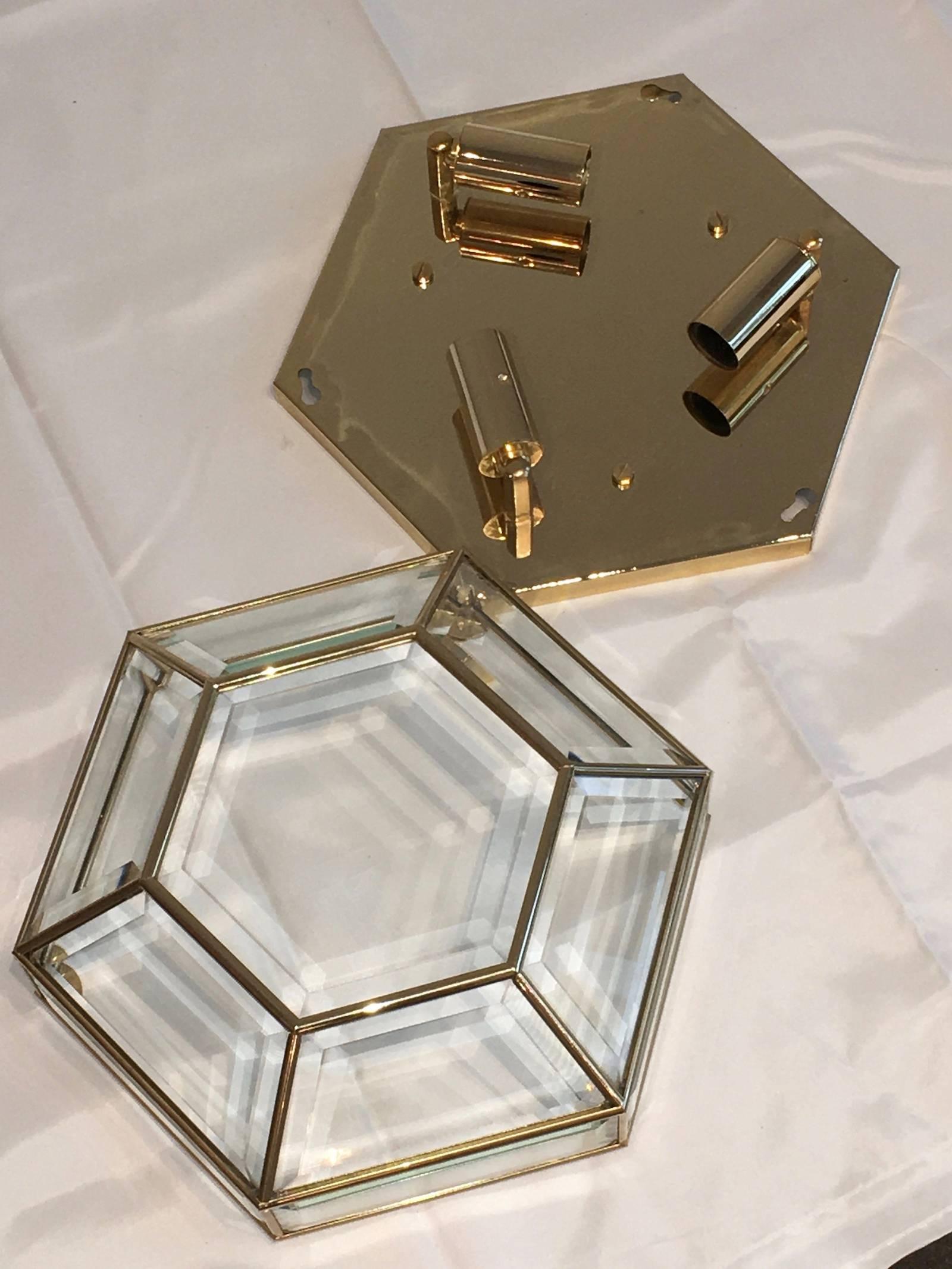 Late 20th Century Mid-Century Modernist Hexagonal Flush Mount Brass and Glass -1970's For Sale