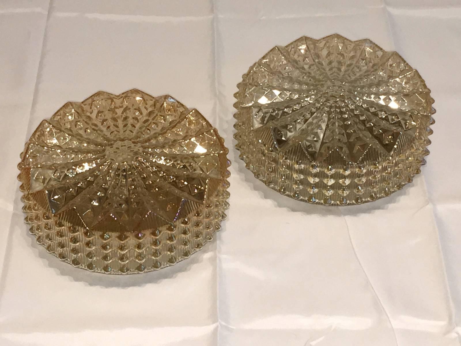Pair of beautiful flush mount. Made in Austria. Gorgeous textured glass. Flush mount with metal fixture. Each fixture requires one European E27 Edison or medium bulb up to 60 watts.
  