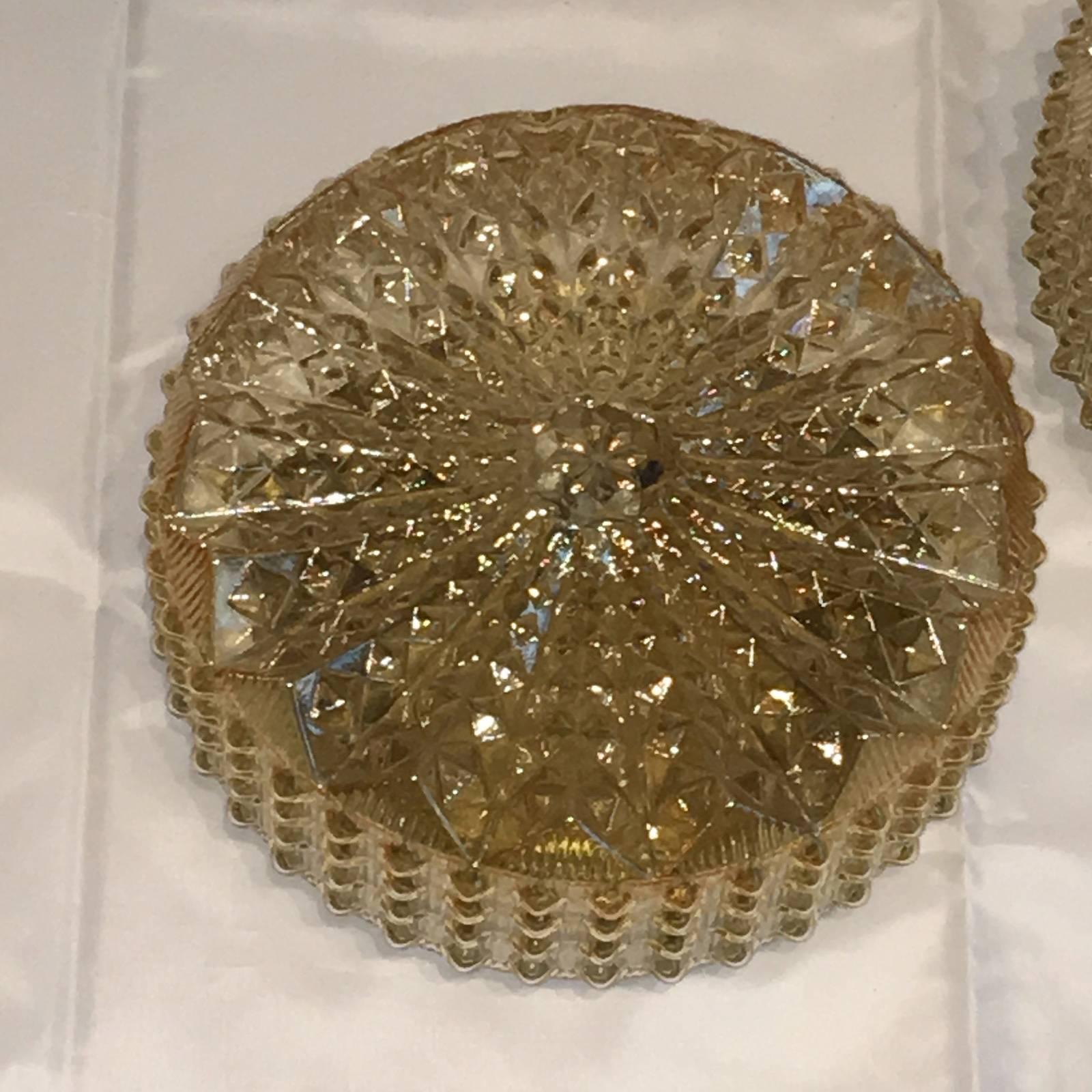 Pair of Ice Crystal Pattern Limburg Style Flush Mount In Good Condition For Sale In Frisco, TX