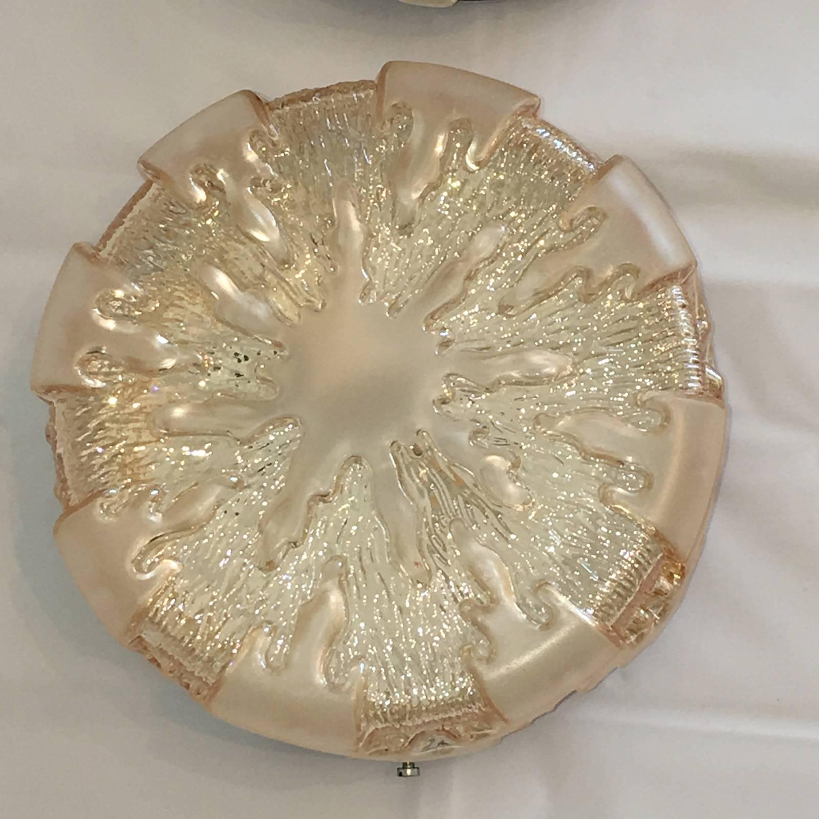Pair of Small German 1970s Ice Crystal Glass Flush Mount In Good Condition For Sale In Frisco, TX