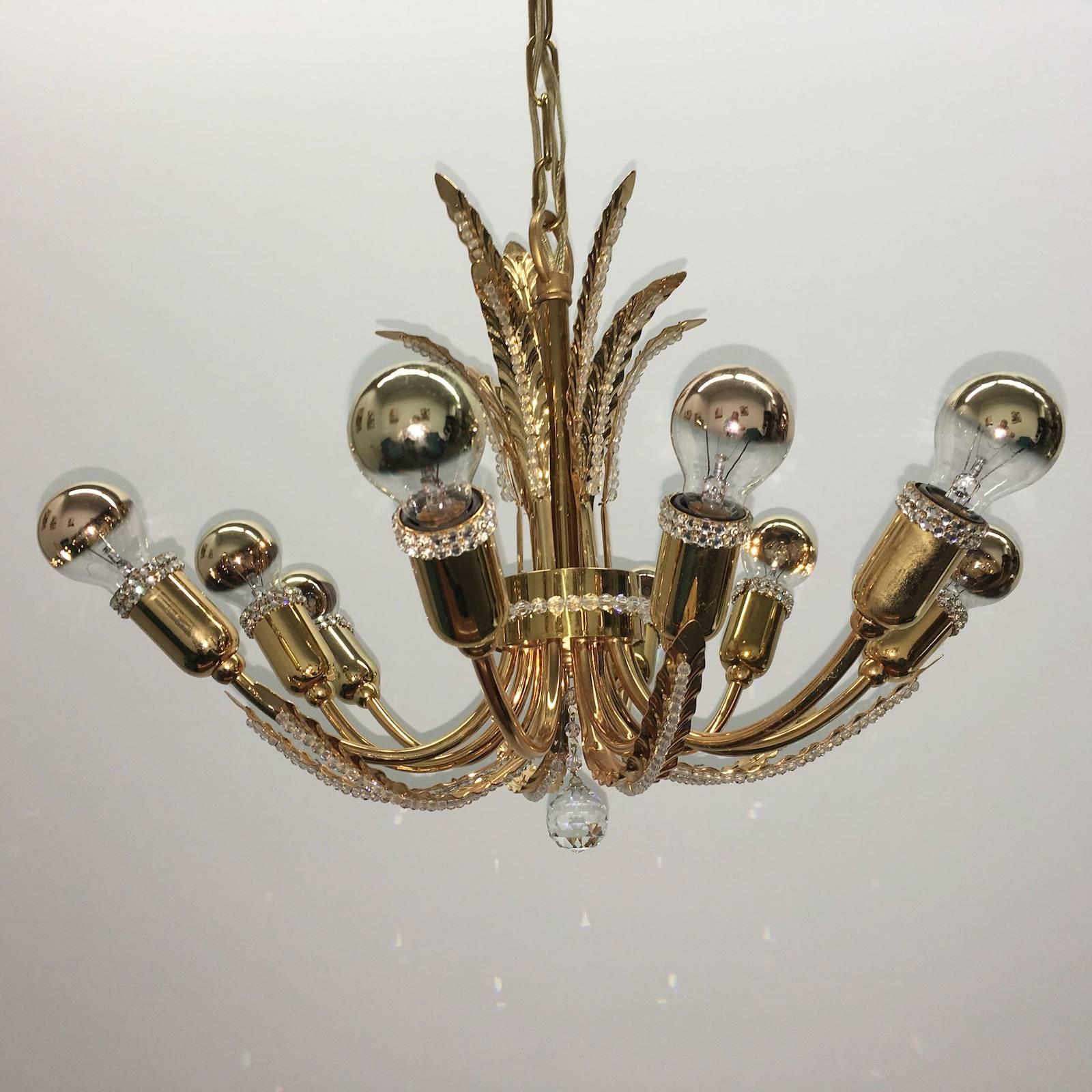 German Petite Palwa Gold Plate Leaf and Crystal Chandelier For Sale