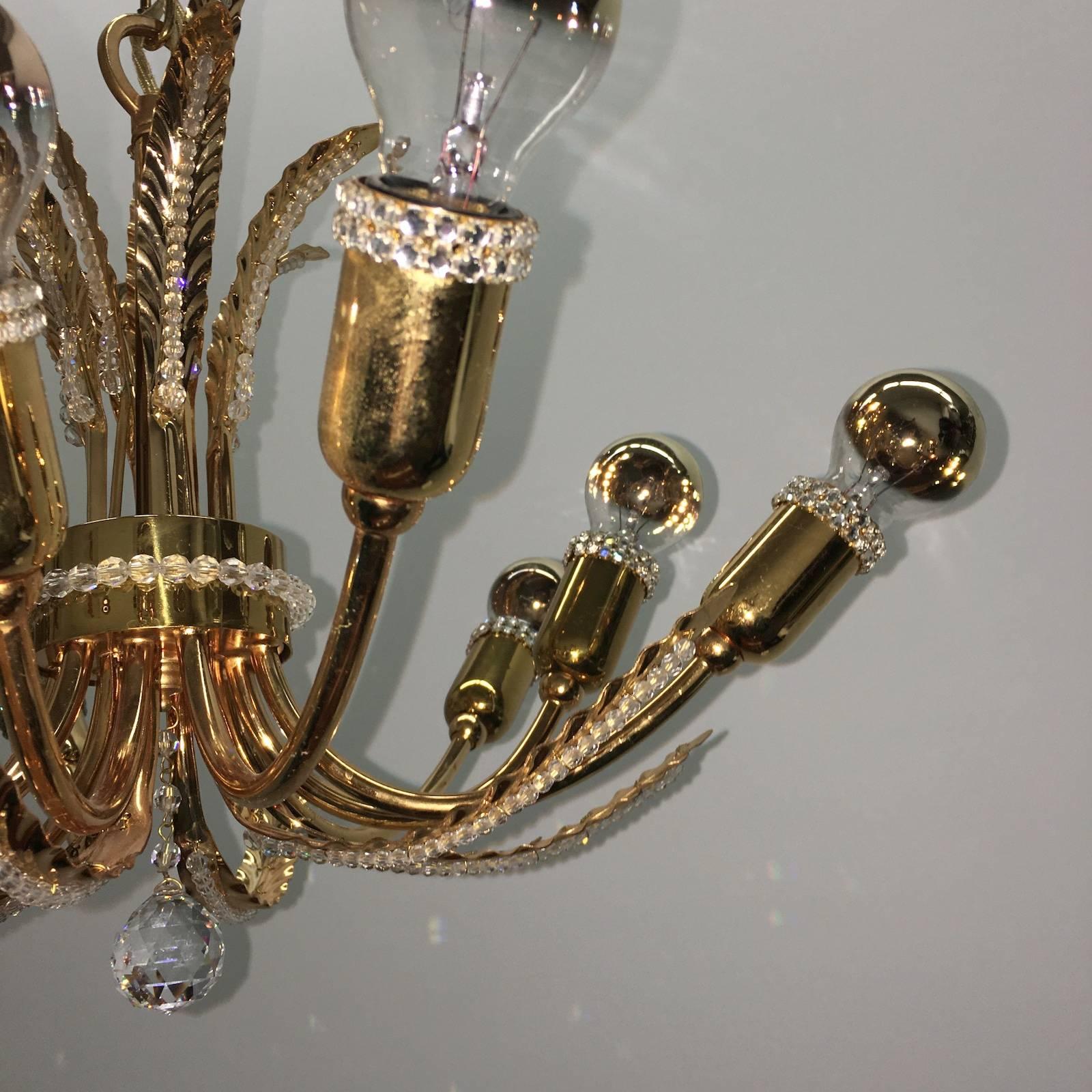 Petite Palwa Gold Plate Leaf and Crystal Chandelier In Good Condition For Sale In Frisco, TX