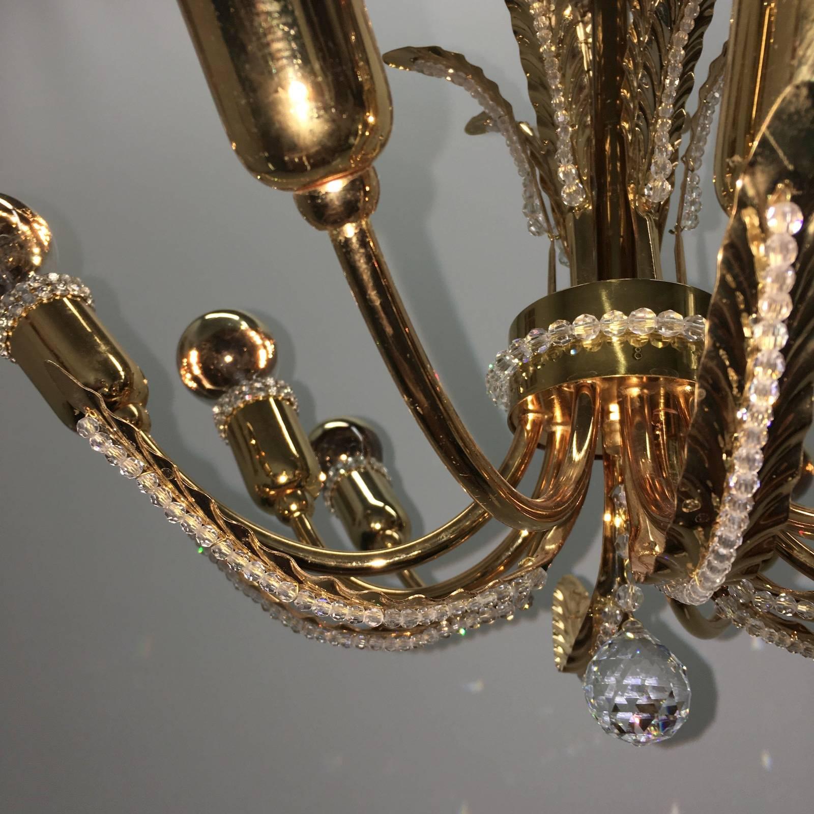 Late 20th Century Petite Palwa Gold Plate Leaf and Crystal Chandelier For Sale