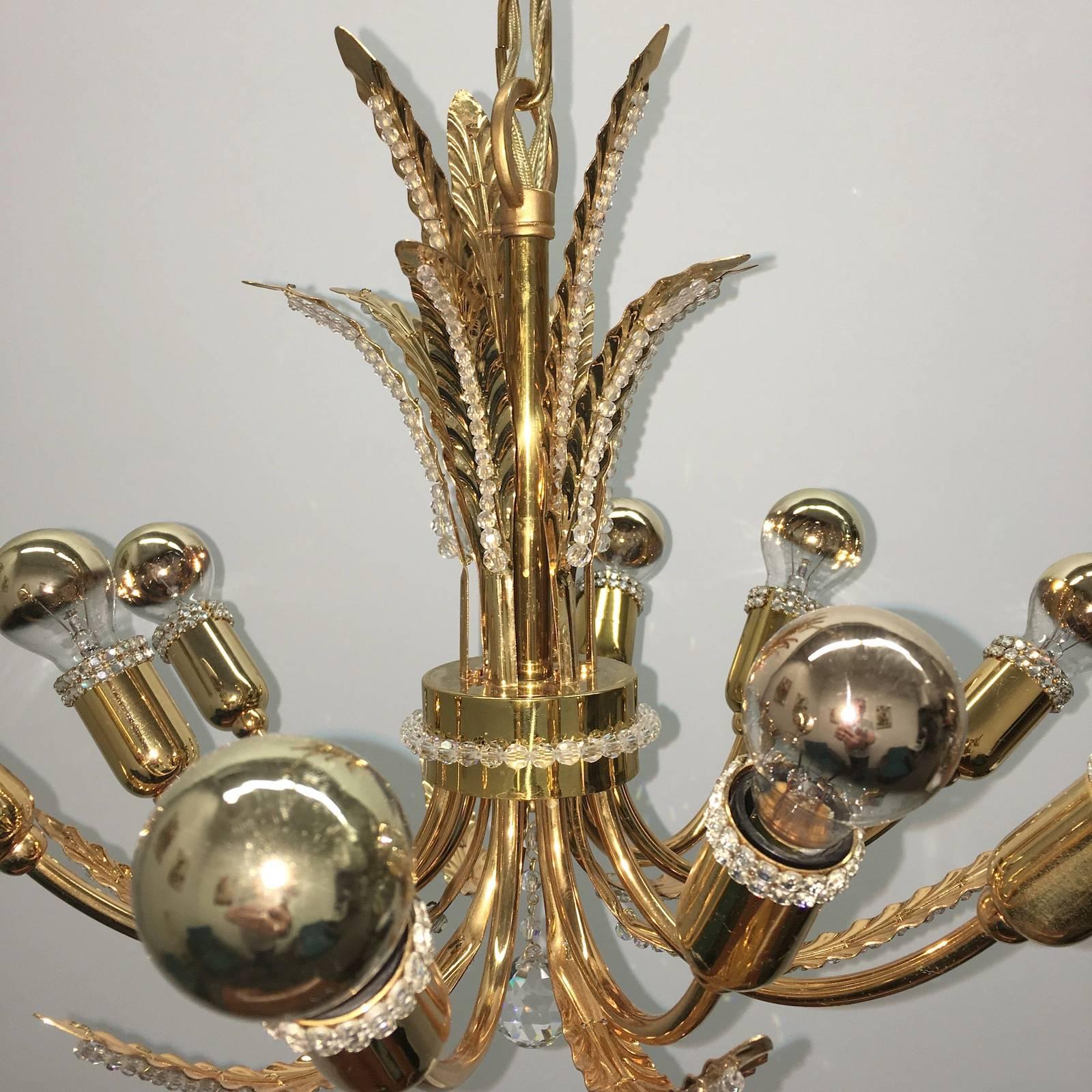 Metal Petite Palwa Gold Plate Leaf and Crystal Chandelier For Sale