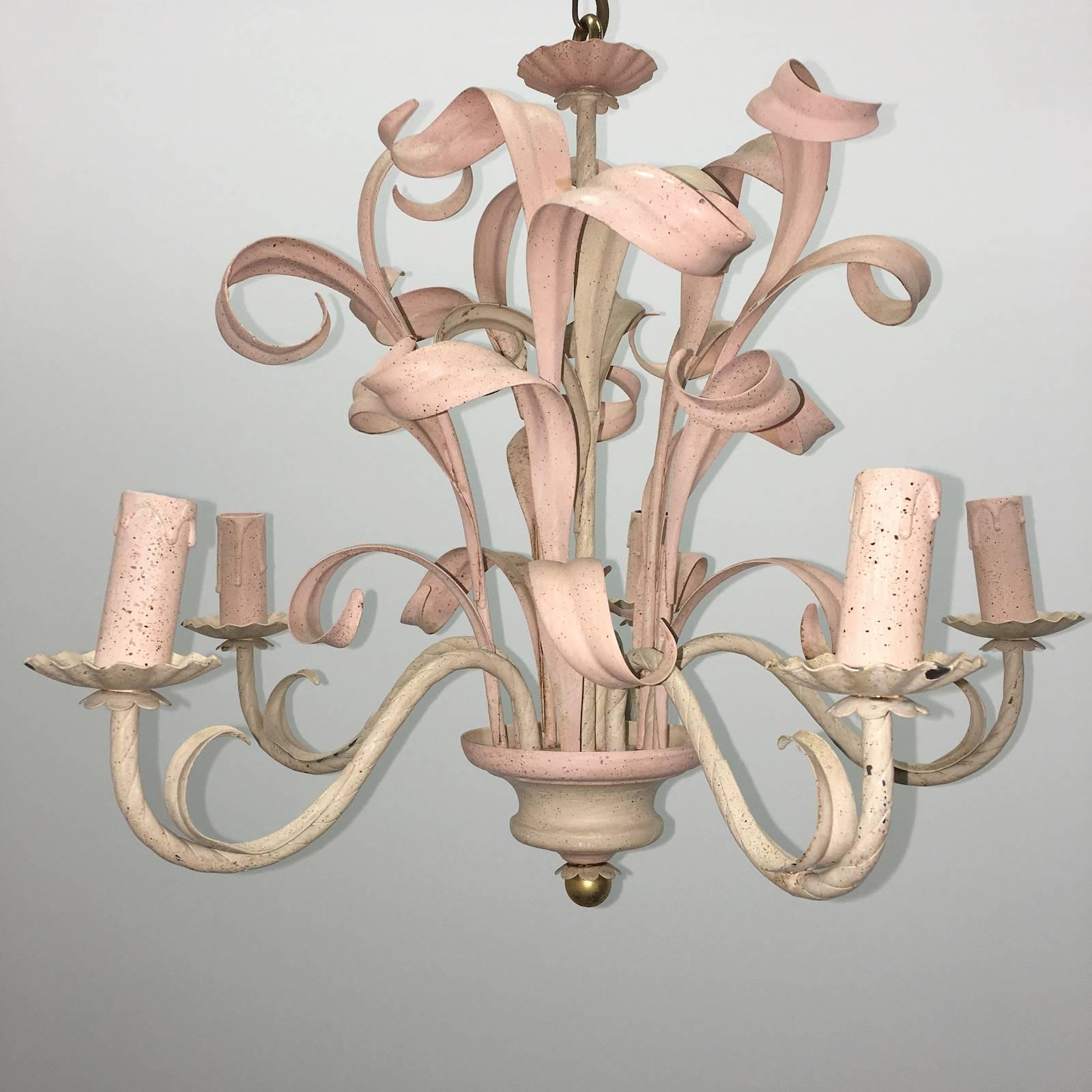 Exquisite Florentine style five-light chandelier. Functions as is with 5, E14 / 110 volt Light bulbs, 40 watt each bulb. Very cute for a girls room.