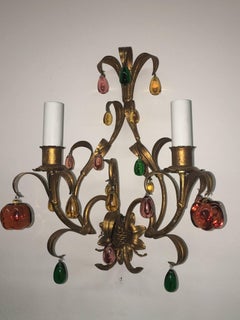 Pair of Florentine Style Gilded Glass Drop Sconces Vintage, Italy