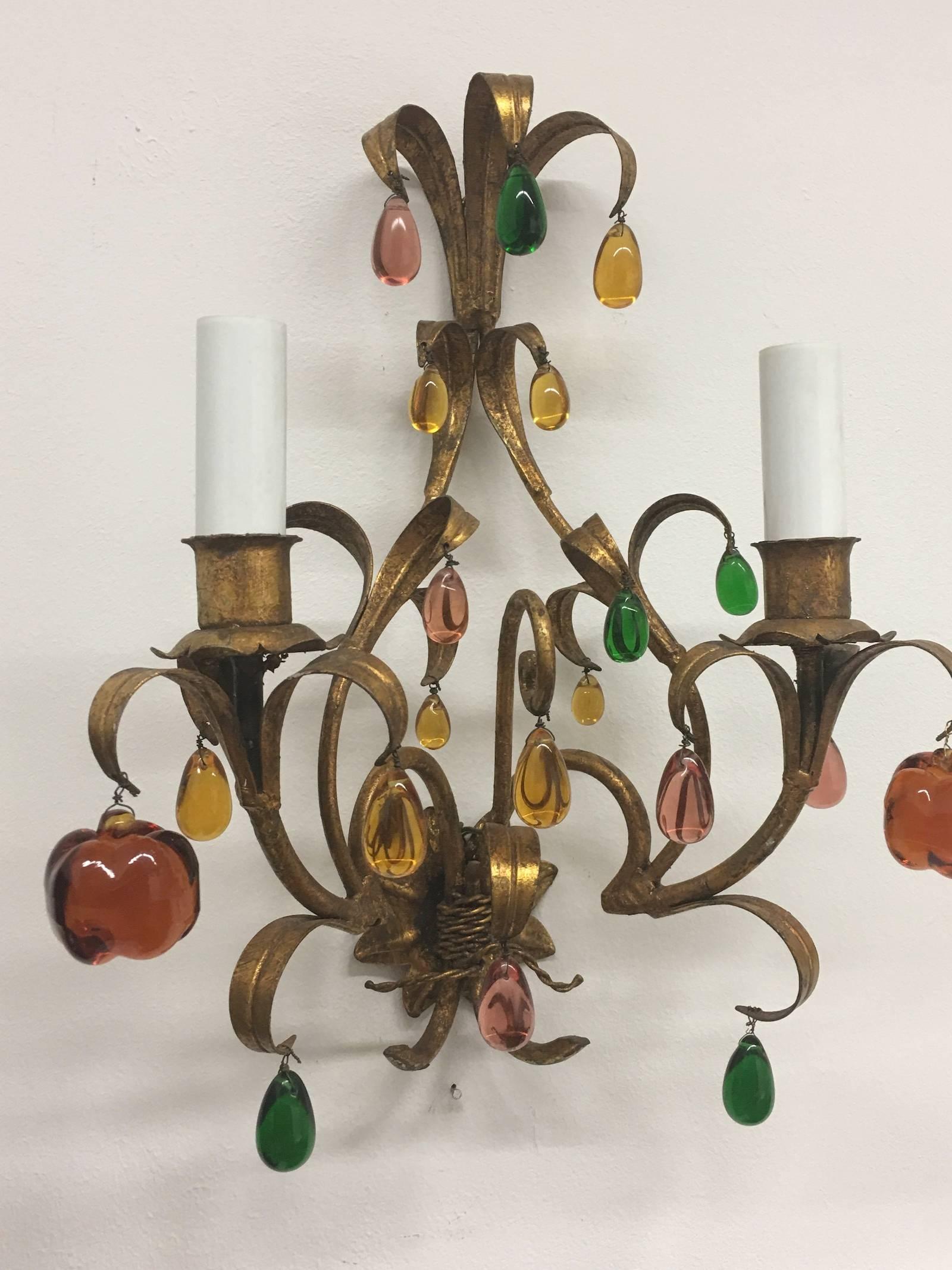 Mid-20th Century Pair of Florentine Style Gilded Glass Drop Sconces Vintage, Italy For Sale