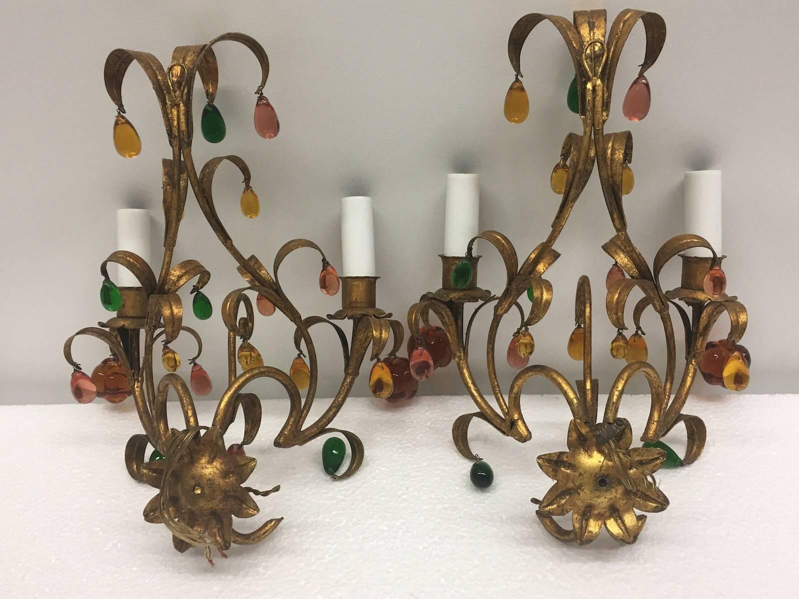 Pair of Florentine Style Gilded Glass Drop Sconces Vintage, Italy For Sale 1