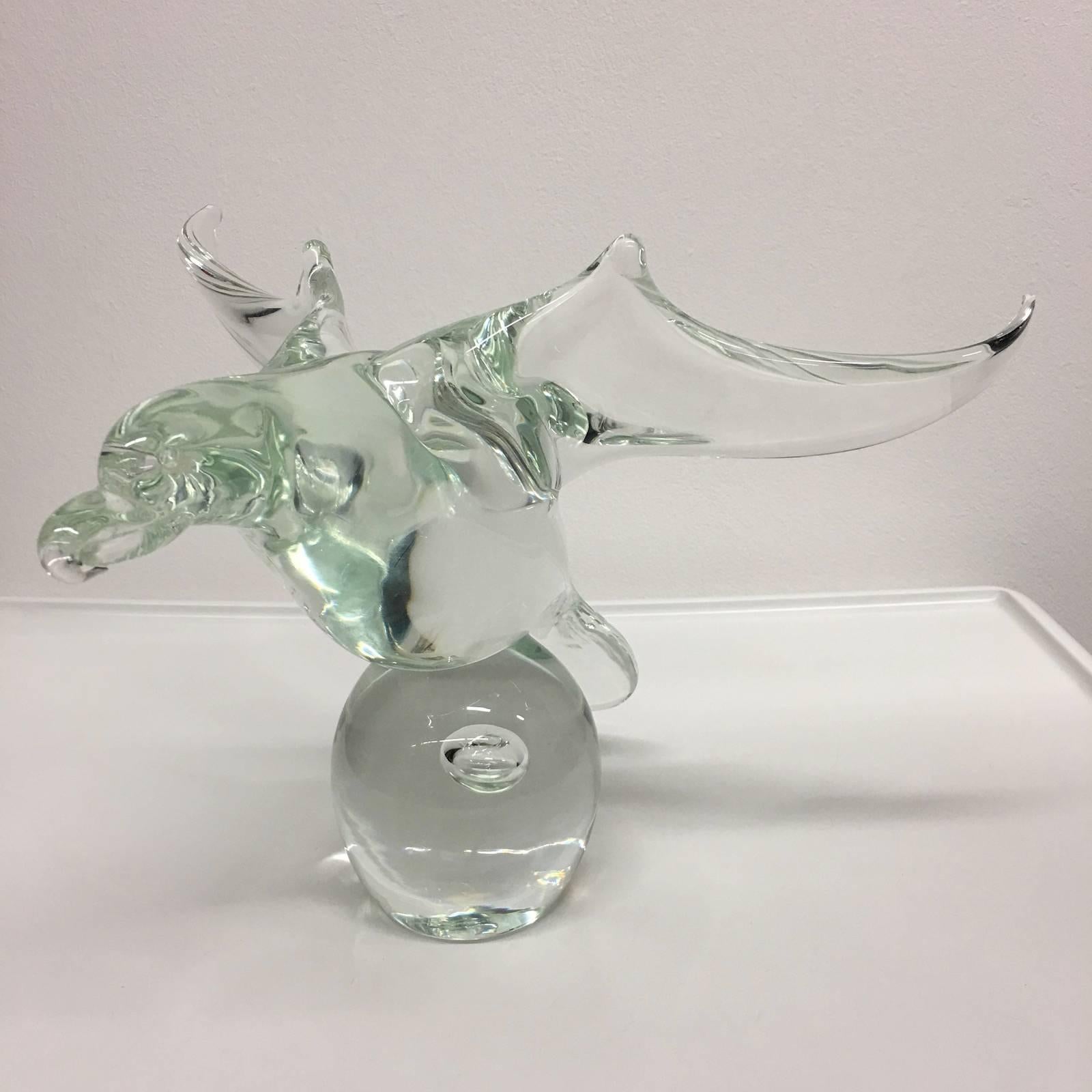 A Mid-Century Modern Italian Dove on a stone by a contemporary master. Clear hand blown Murano glass. The base is hand signed with the signature 