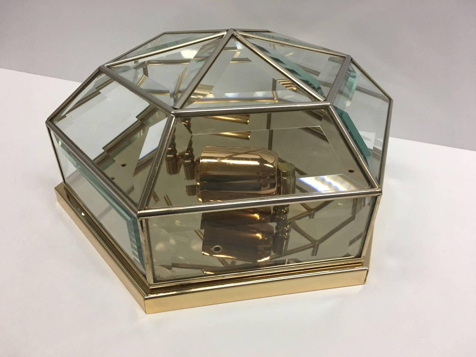 Mid-Century Modernist Hexagonal Flush Mount Brass and Glass from Germany In Good Condition For Sale In Frisco, TX