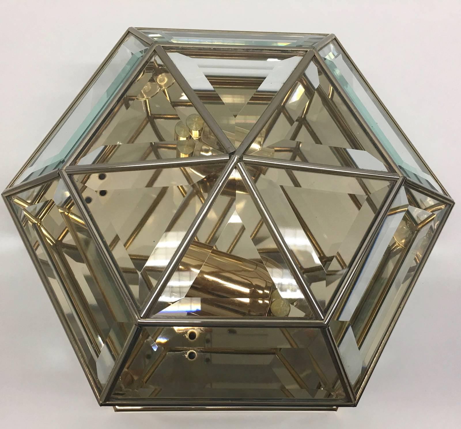 Late 20th Century Mid-Century Modernist Hexagonal Flush Mount Brass and Glass from Germany For Sale