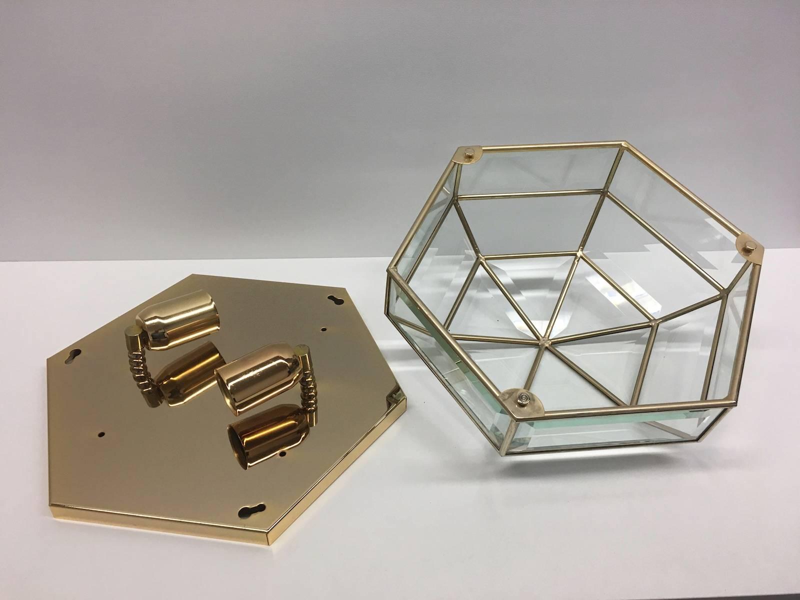Mid-Century Modernist Hexagonal Flush Mount Brass and Glass from Germany For Sale 1