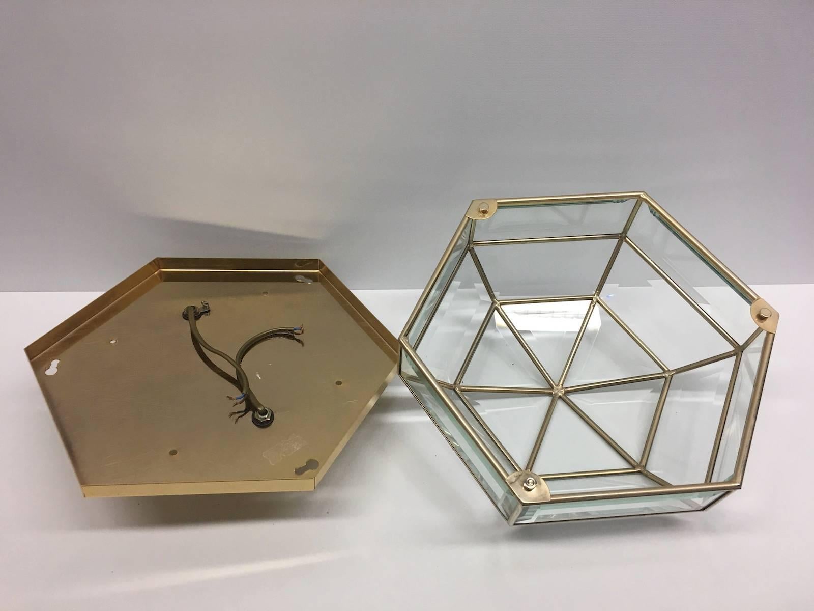 Mid-Century Modernist Hexagonal Flush Mount Brass and Glass from Germany For Sale 3
