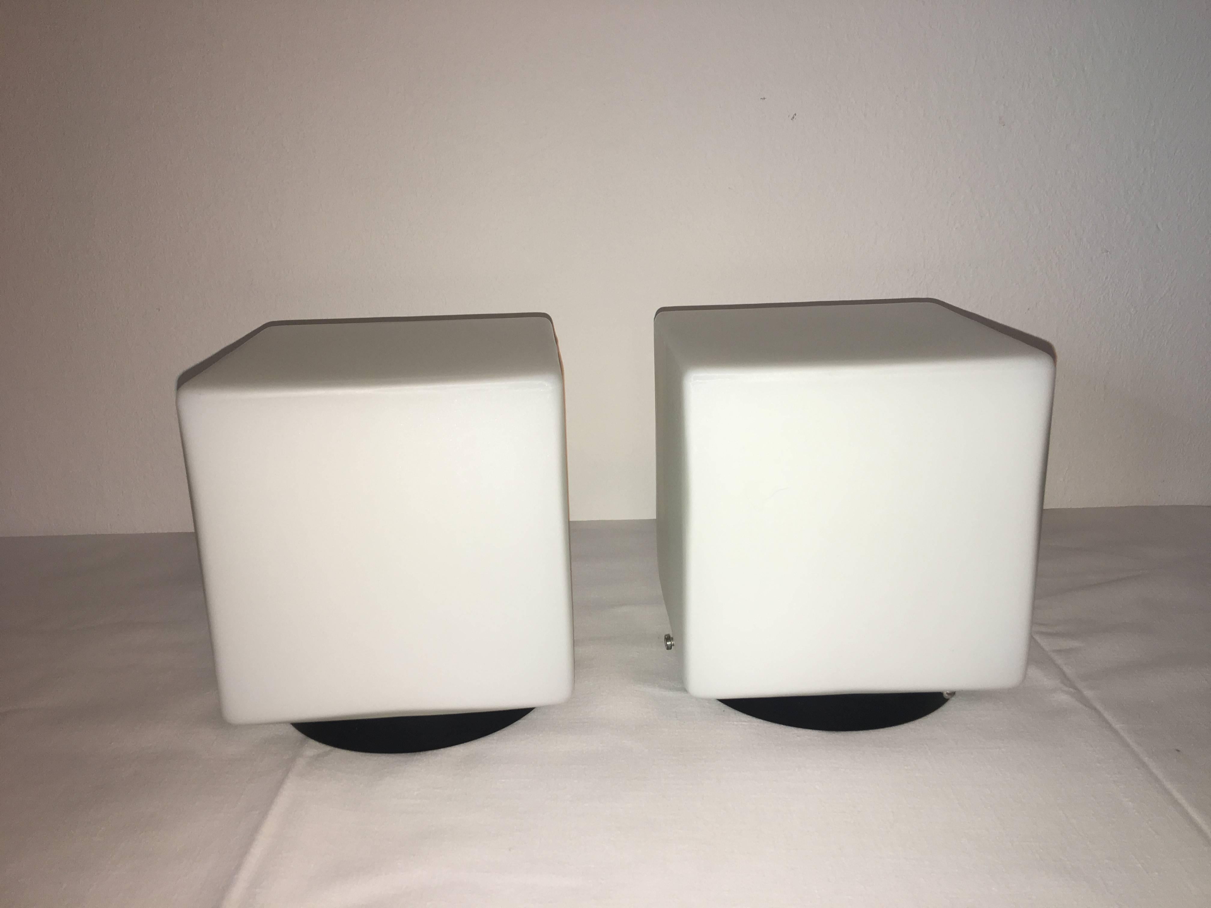 German Pair of 1960s Italy Milk Glass Cube Flush Mount Stilnovo Style