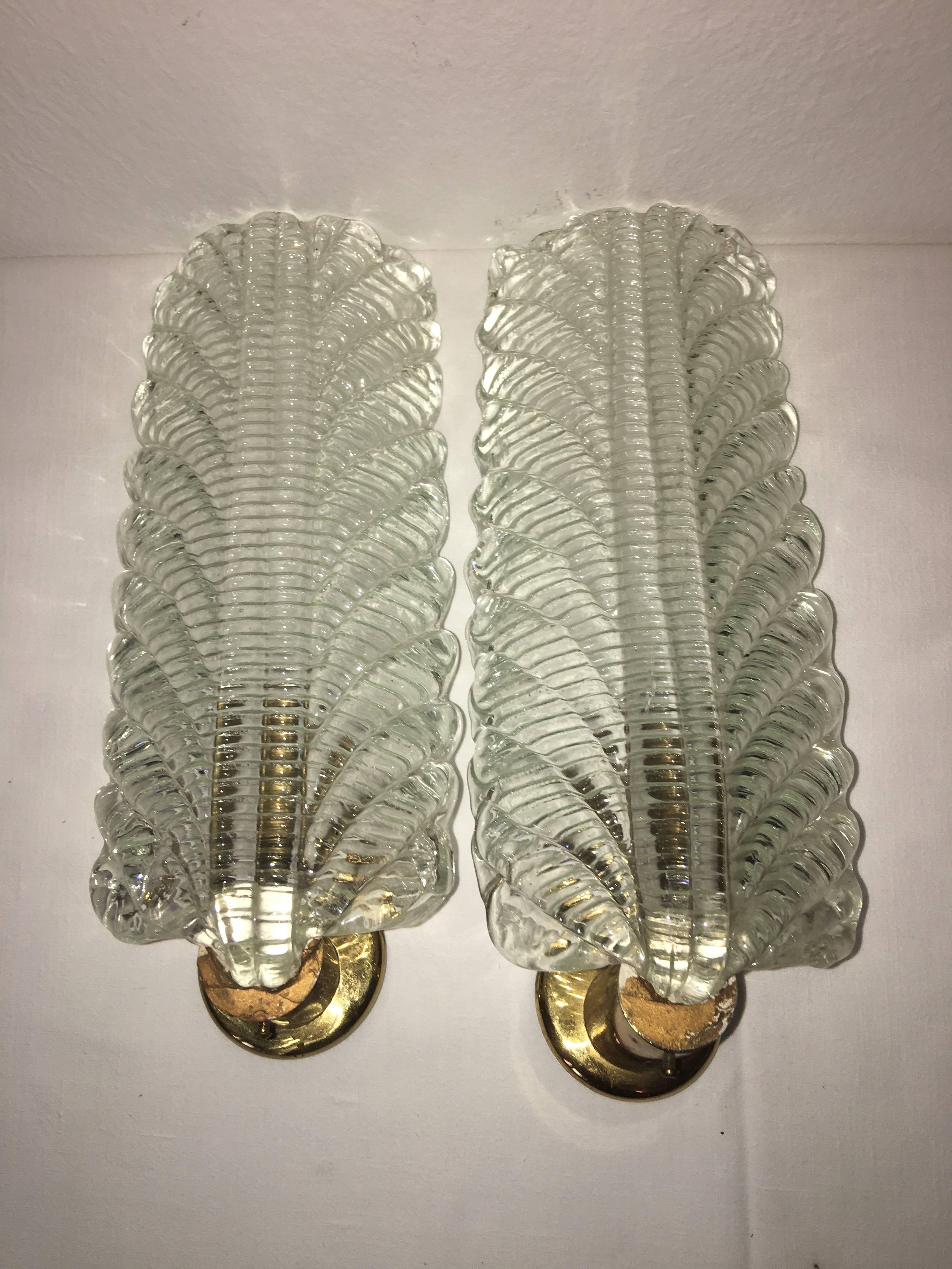 Brass Pair of Italy Murano Glass Sconces Feathers Form