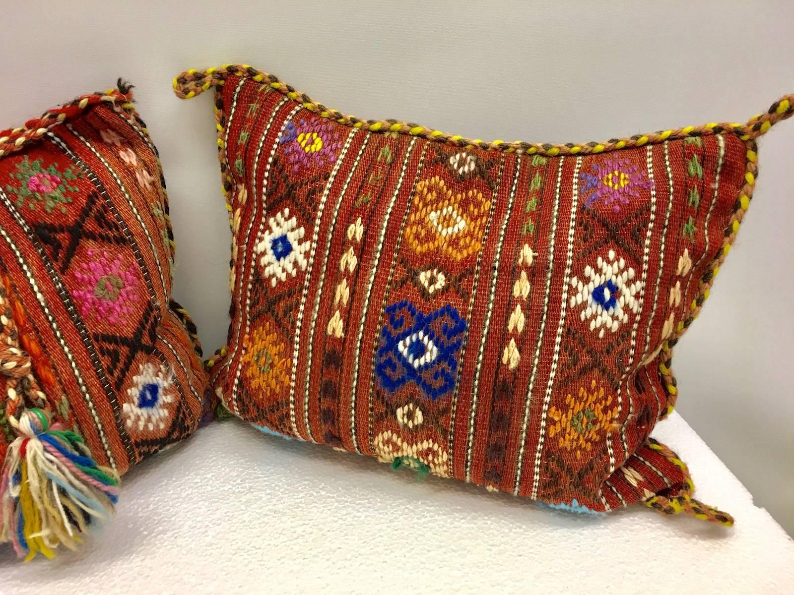 Pair of Gypsy Turkish Oriental Salt Bag or Rug Embroidery Pillows In Good Condition In Frisco, TX
