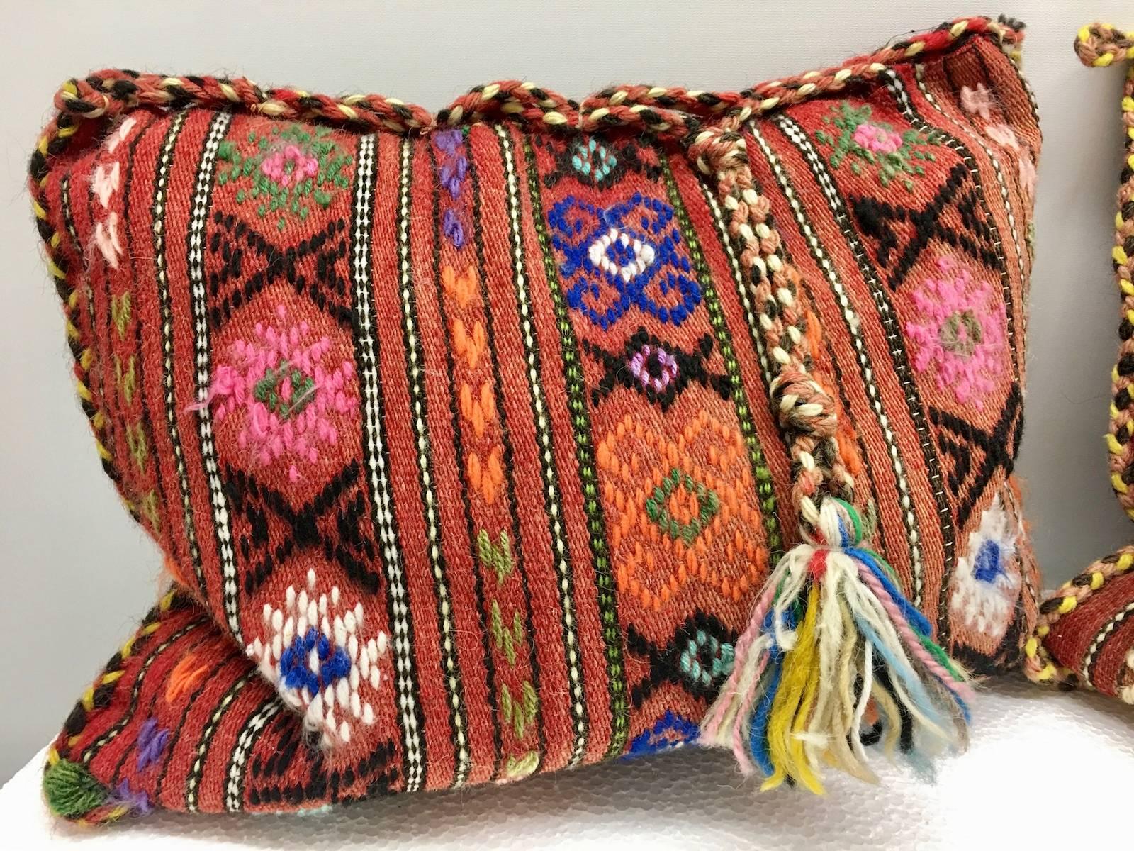Mid-20th Century Pair of Gypsy Turkish Oriental Salt Bag or Rug Embroidery Pillows
