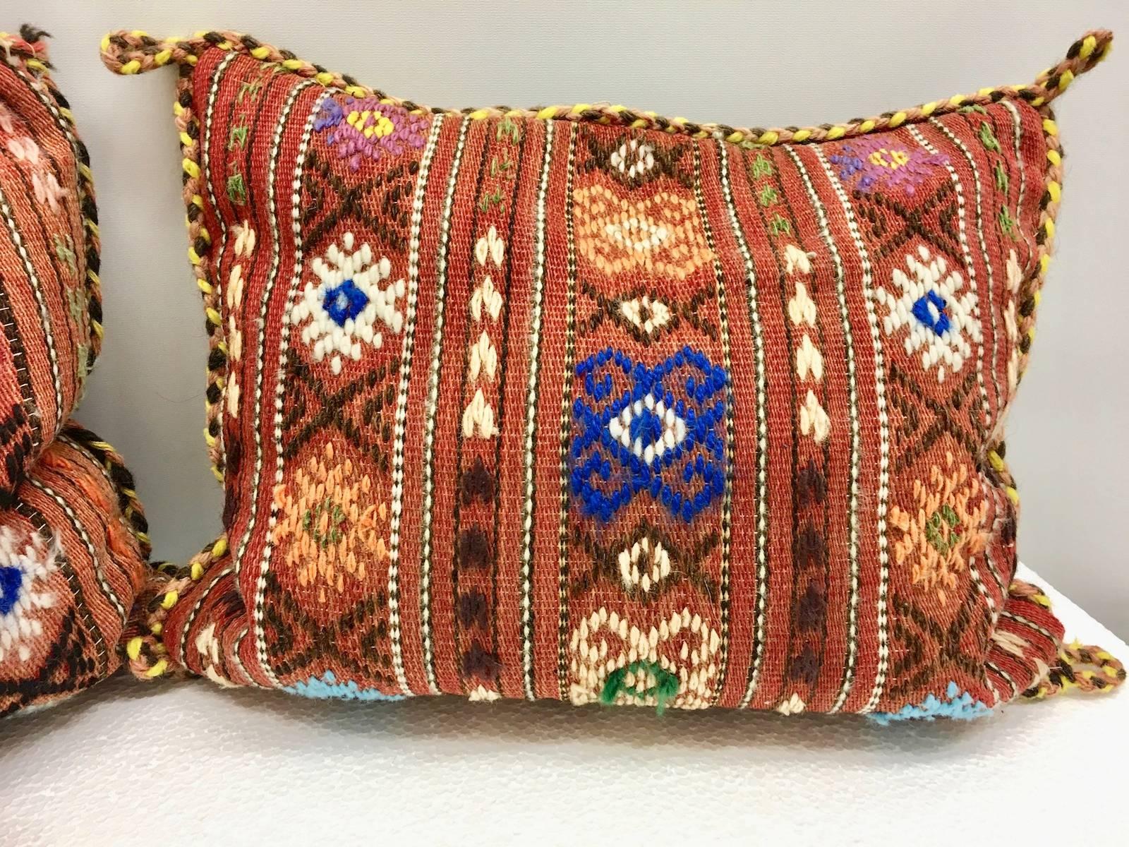 Wool Pair of Gypsy Turkish Oriental Salt Bag or Rug Embroidery Pillows