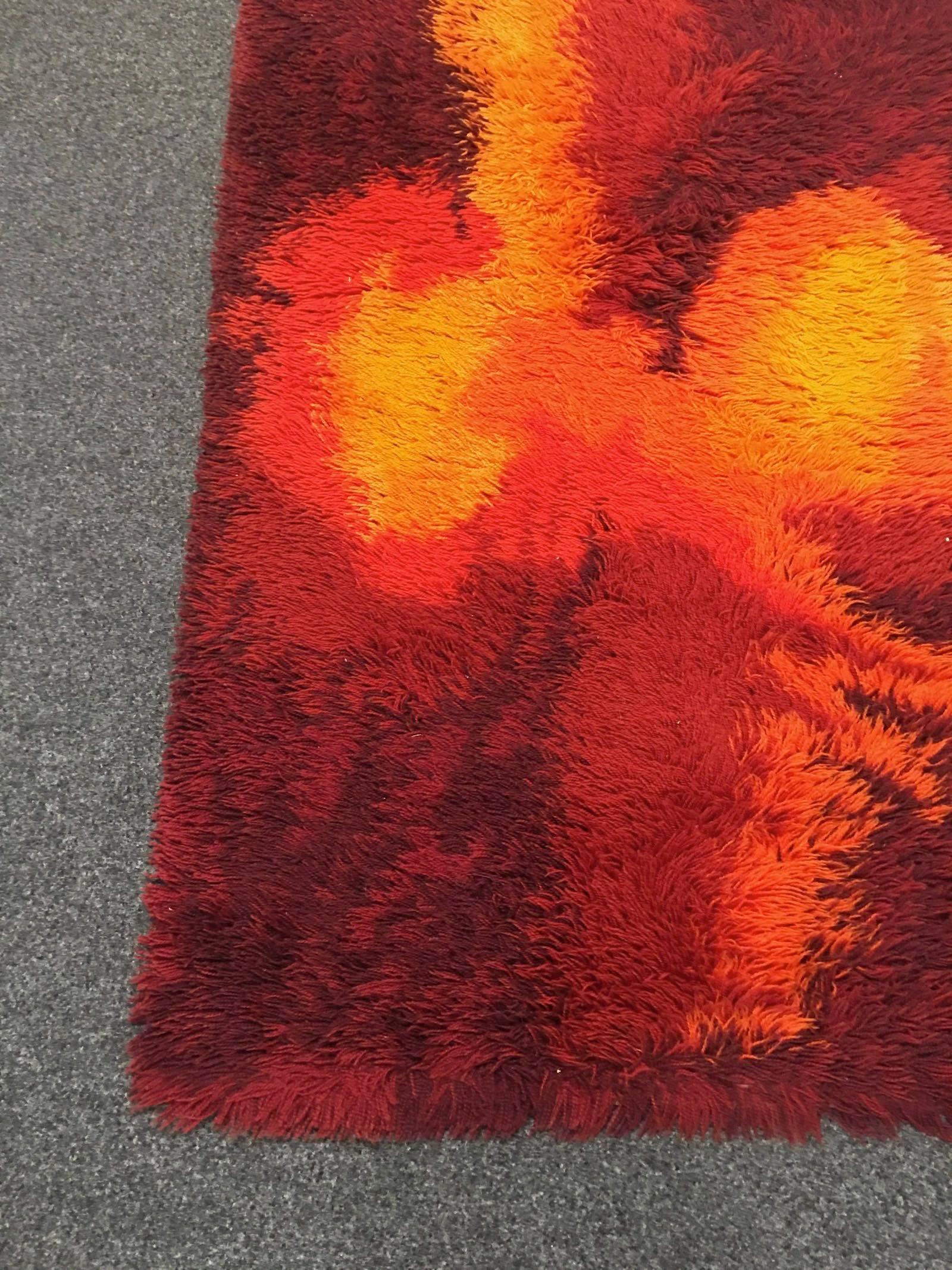 German Vintage Mid-Century Modern Red Orange Rya Rug