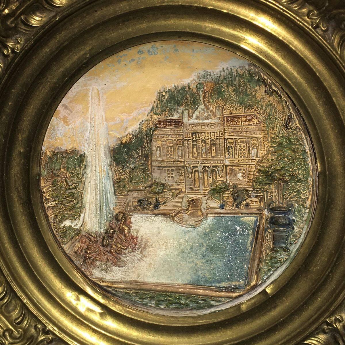 19th Century Faience and Brass Framed Castle Linderhof Wall Plaque - Germany In Good Condition In Frisco, TX
