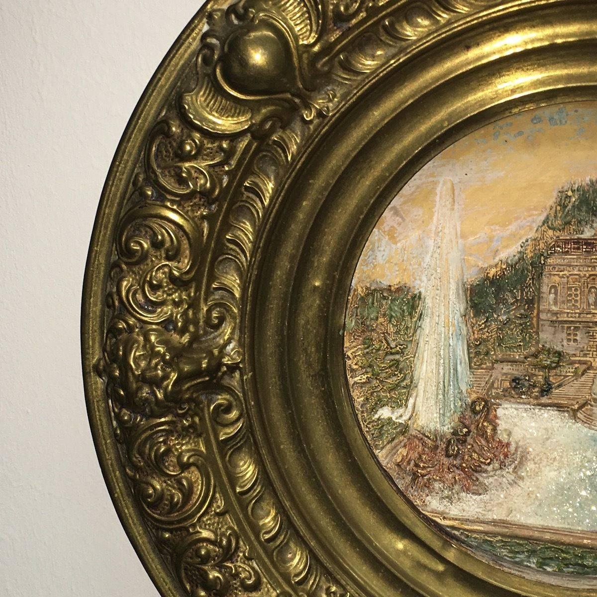 Late 19th Century 19th Century Faience and Brass Framed Castle Linderhof Wall Plaque - Germany