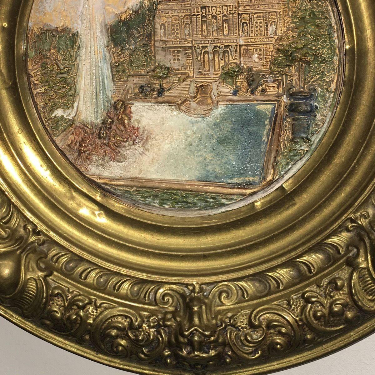 19th Century Faience and Brass Framed Castle Linderhof Wall Plaque - Germany 1