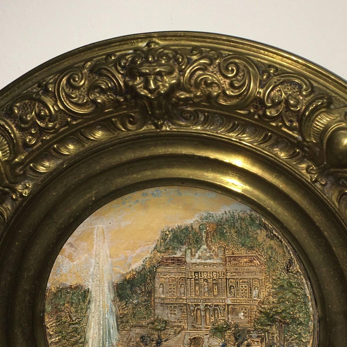 19th Century Faience and Brass Framed Castle Linderhof Wall Plaque - Germany 2