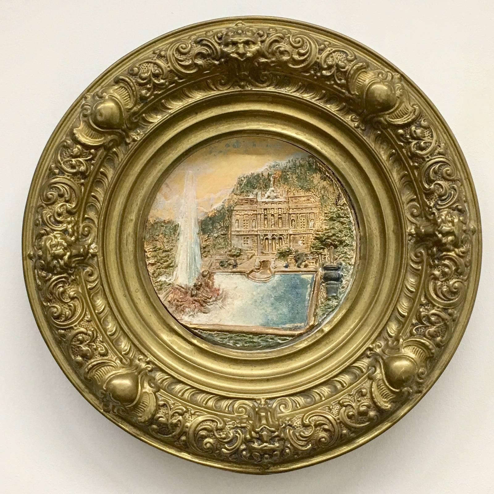 19th Century Faience and Brass Framed Castle Linderhof Wall Plaque - Germany 4