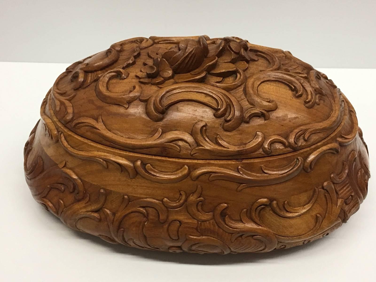 Rosewood Carved Wood Black Forest Brienz Box with Floral Décor