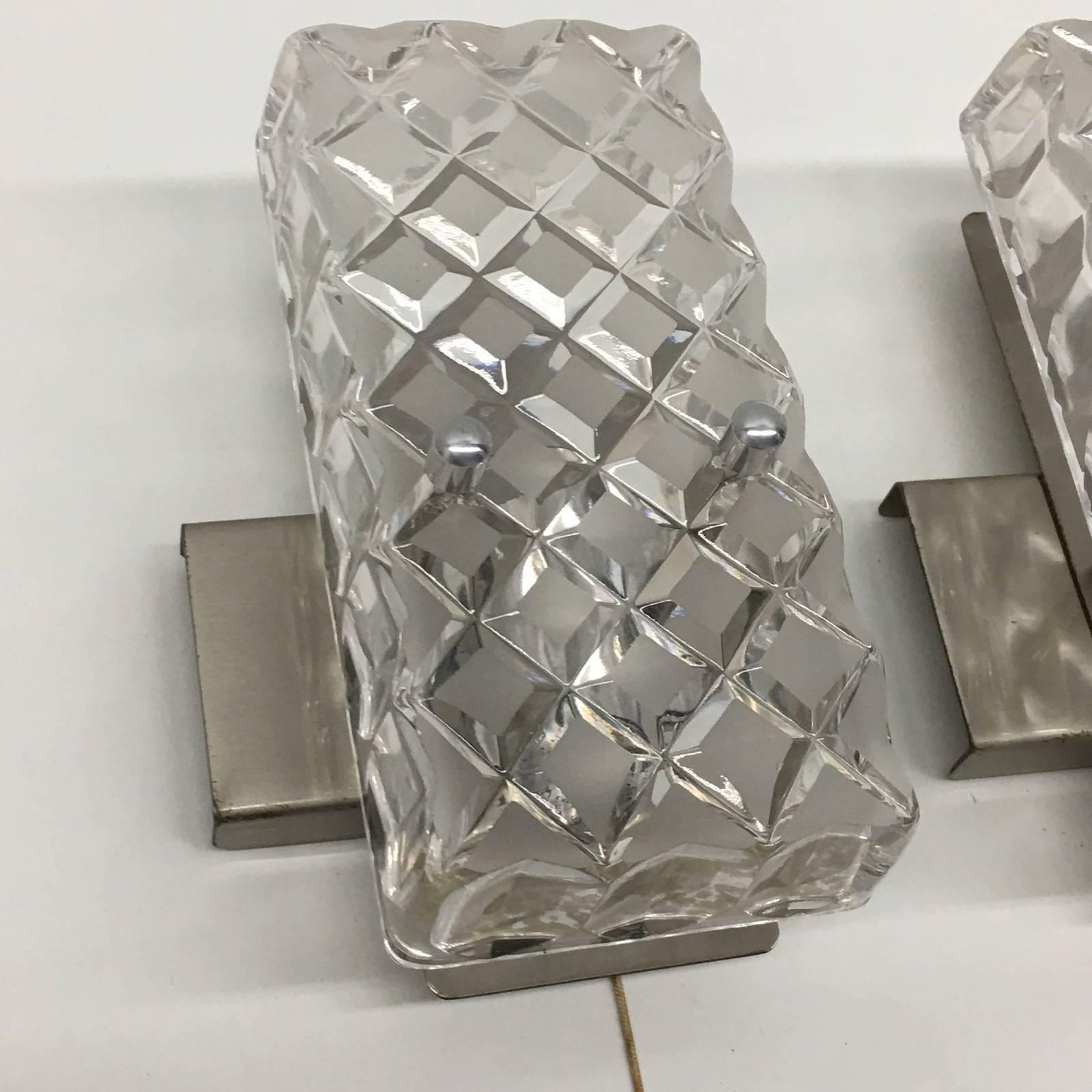 Pair of German Rectangular Glass Sconces with Chrome Fixture 1970's In Good Condition For Sale In Frisco, TX