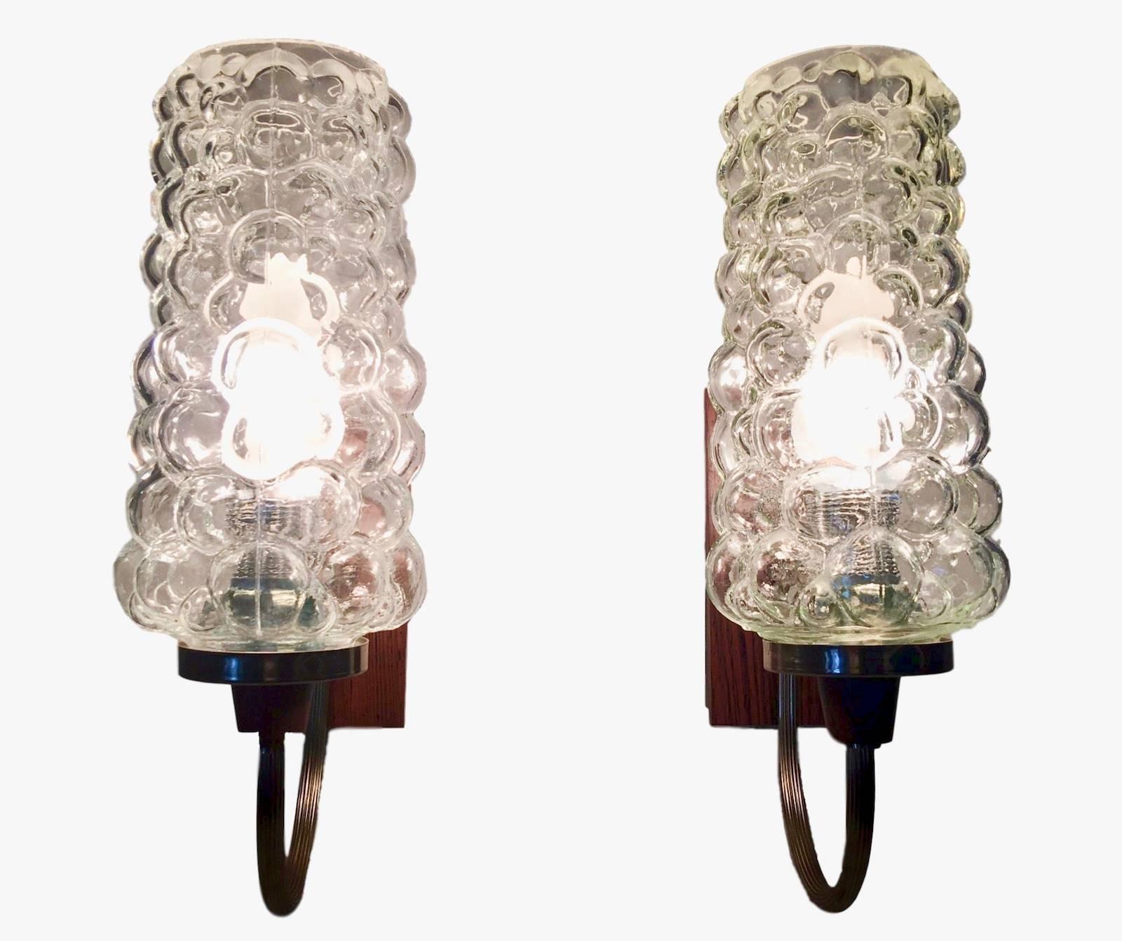 German Pair of 1960's Teak Chrome Bubble Glass Sconces Helena Tynell Style  For Sale