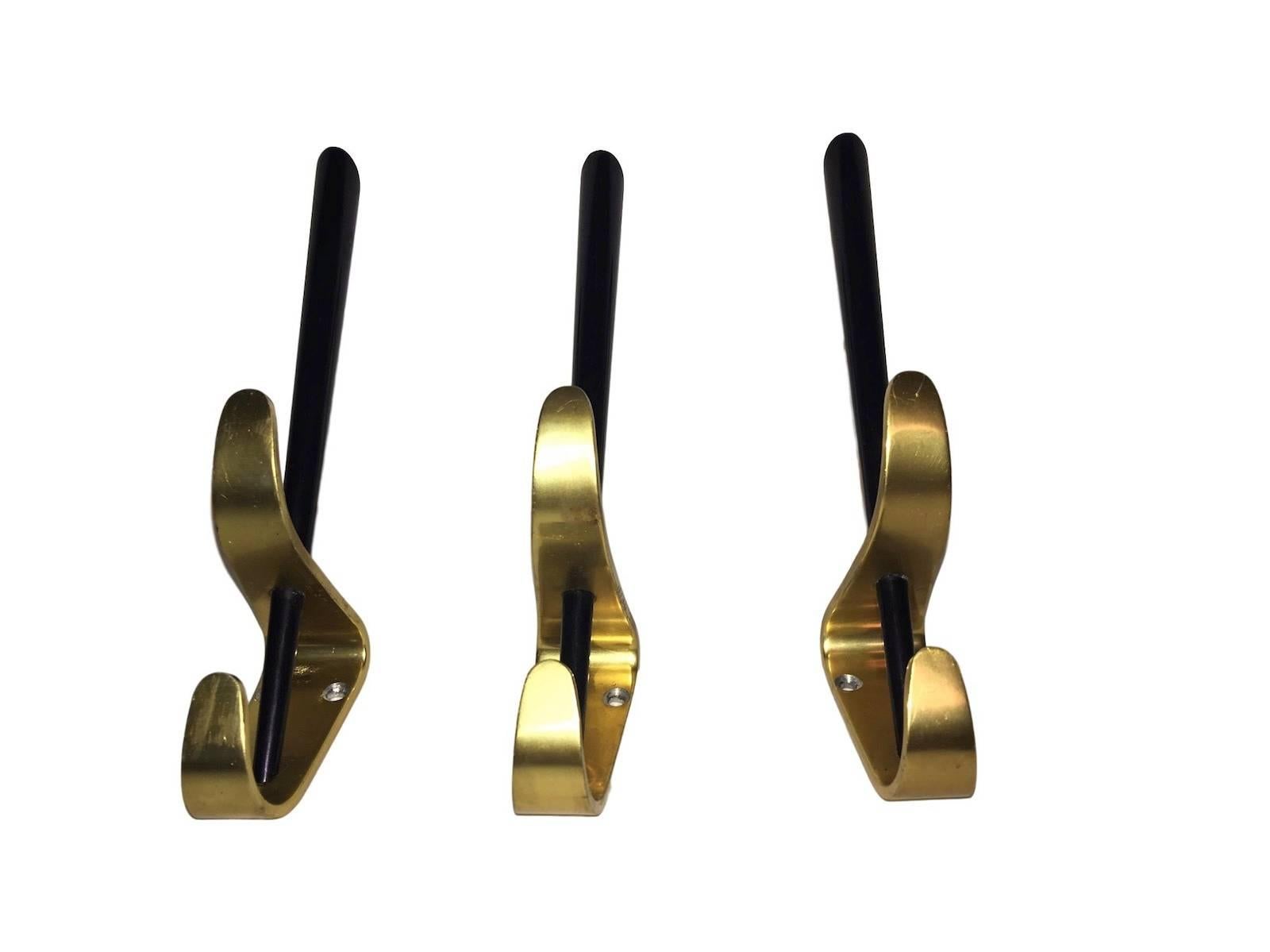 Austrian Three Midcentury 1950s Wall Hook Black and Brass Modernist Style