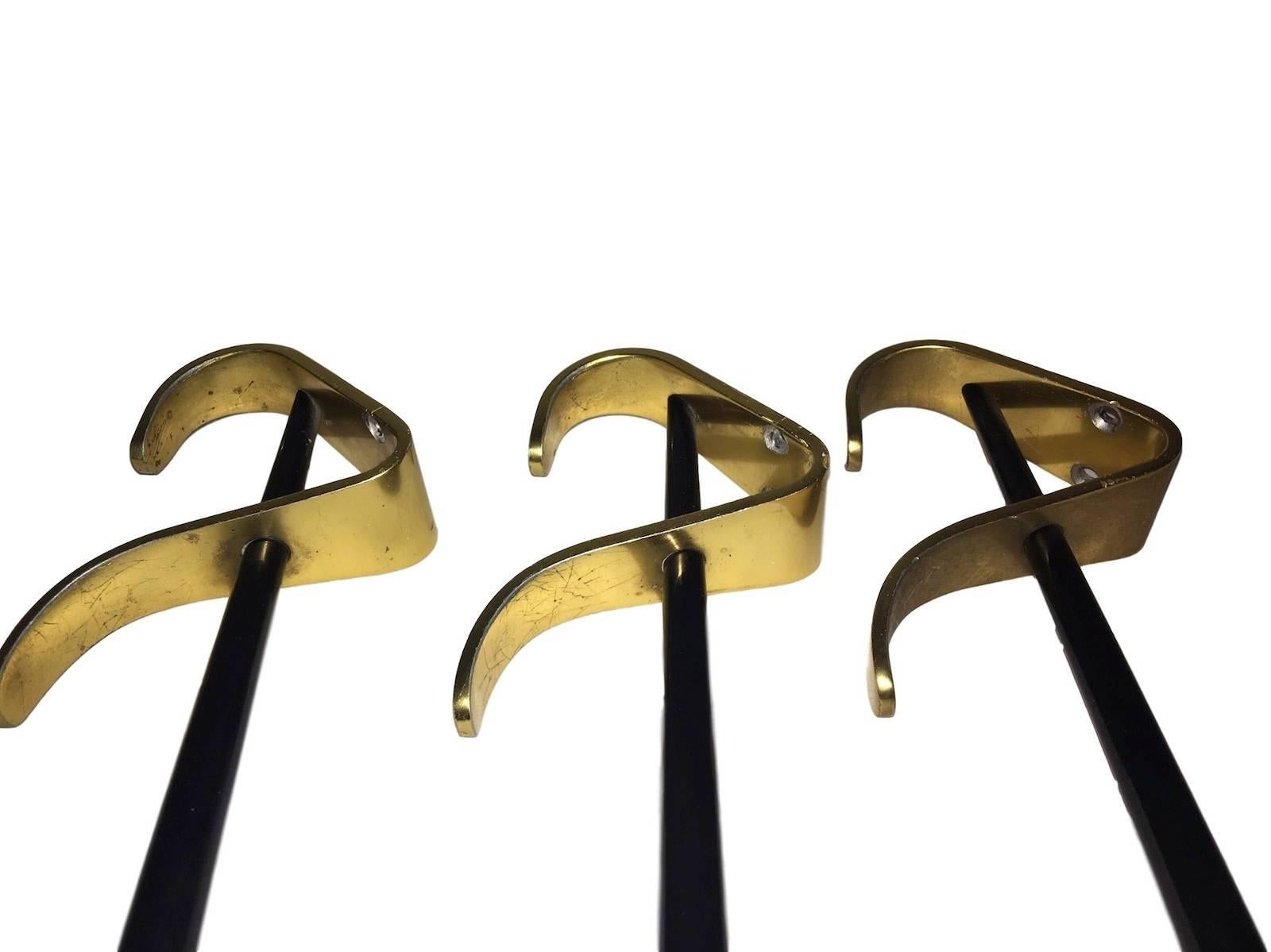 Three Midcentury 1950s Wall Hook Black and Brass Modernist Style In Good Condition In Frisco, TX