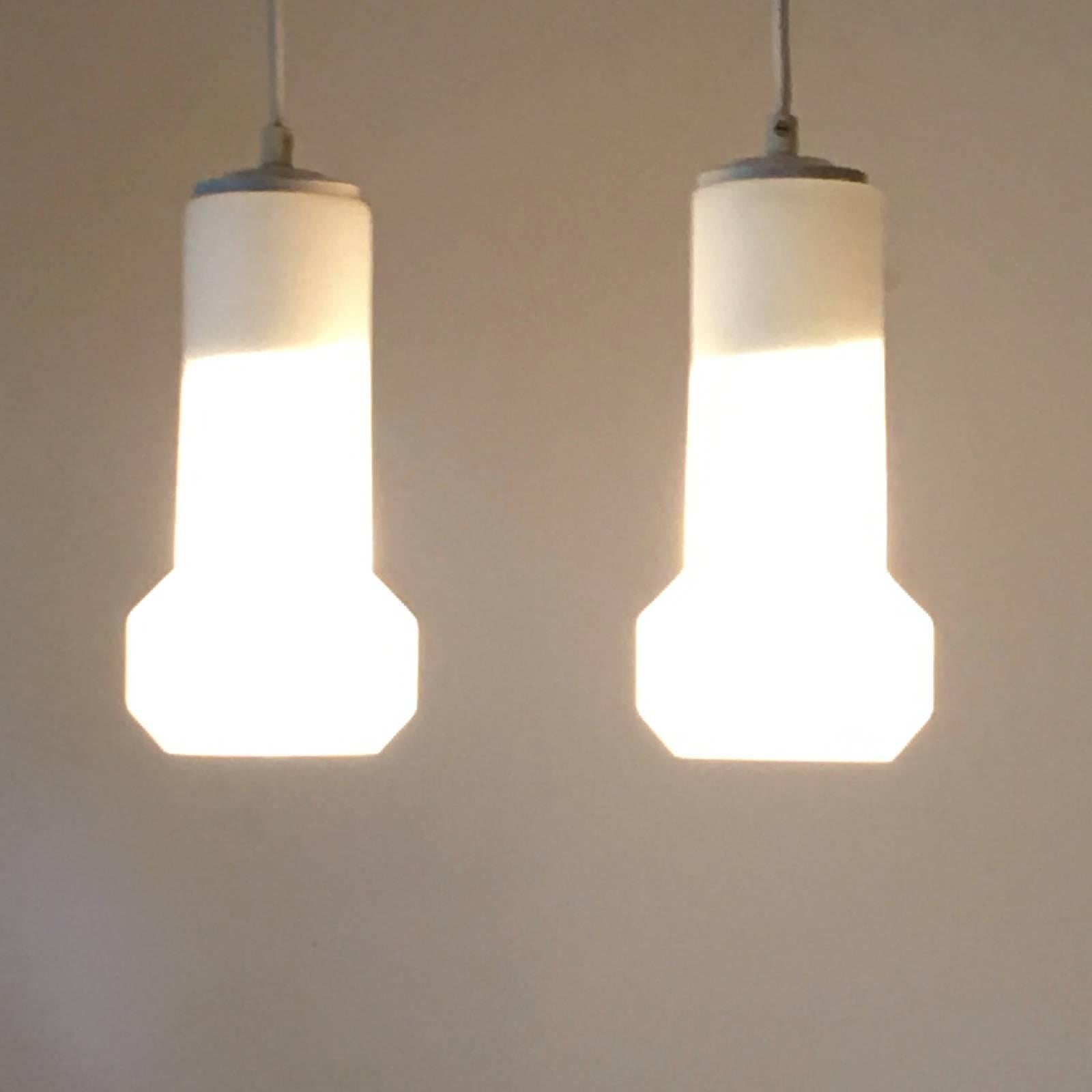 Mid-20th Century Pair of Milk Glass Lamp Pendants by Doria Leuchten, 1960s For Sale