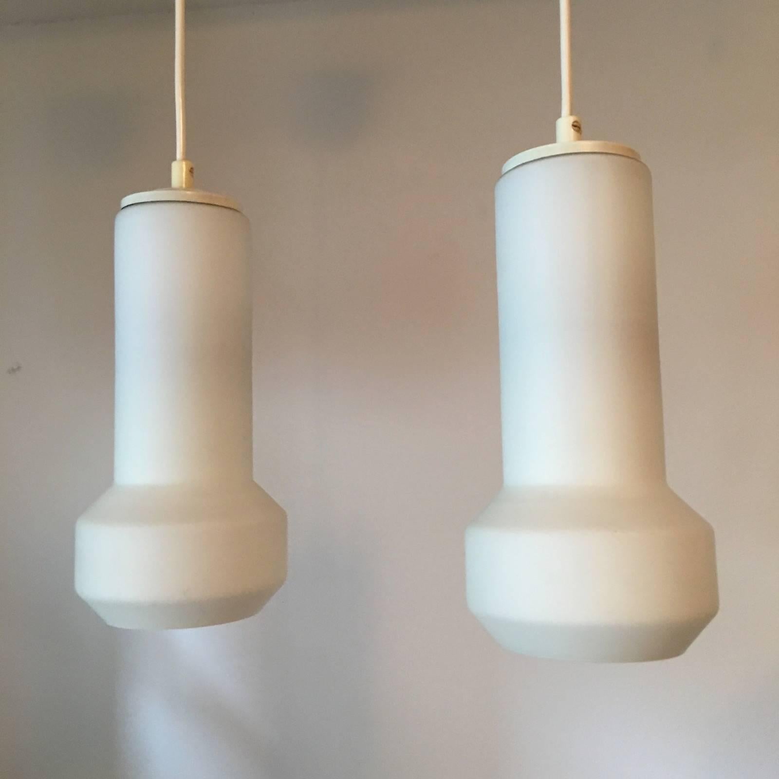 Pair of Milk Glass Lamp Pendants by Doria Leuchten, 1960s For Sale 3