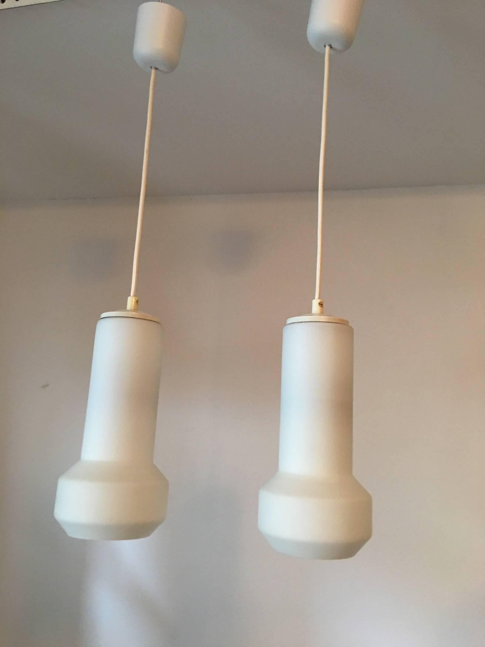 Pair of Milk Glass Lamp Pendants by Doria Leuchten, 1960s For Sale 2