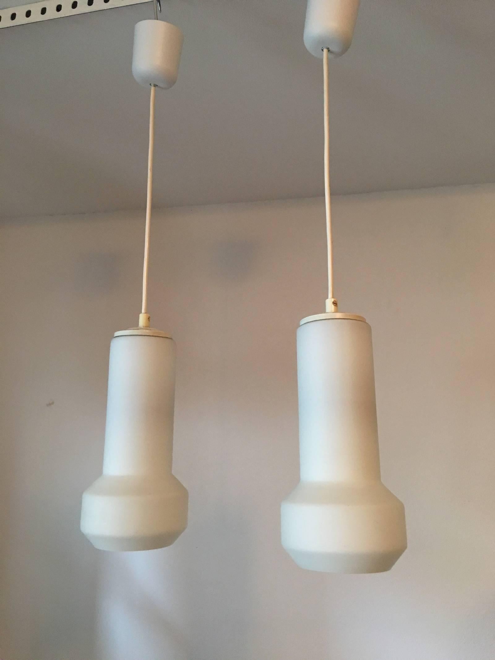 Metal Pair of Milk Glass Lamp Pendants by Doria Leuchten, 1960s For Sale