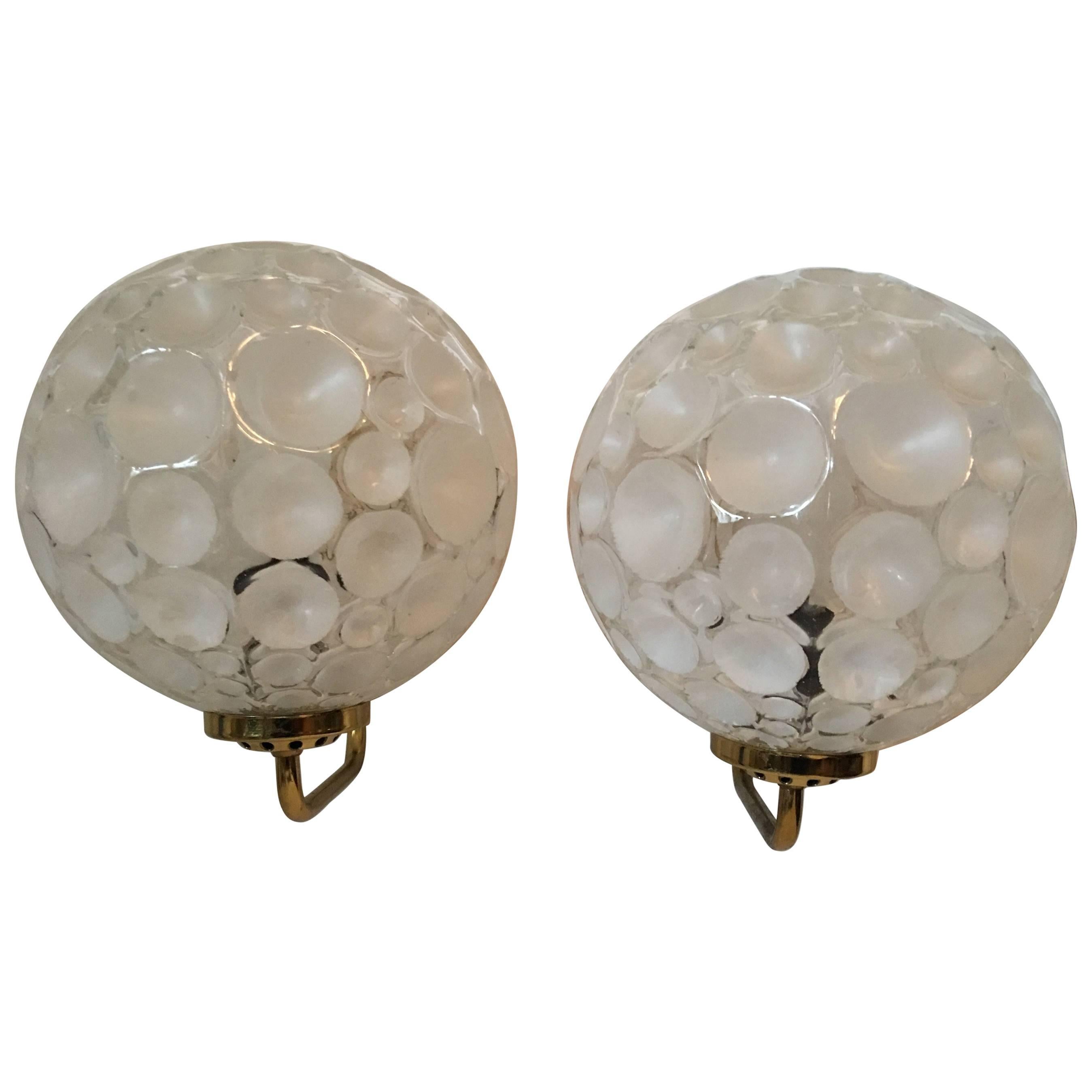 French Brass Crater Textured Glass Shade Sconces